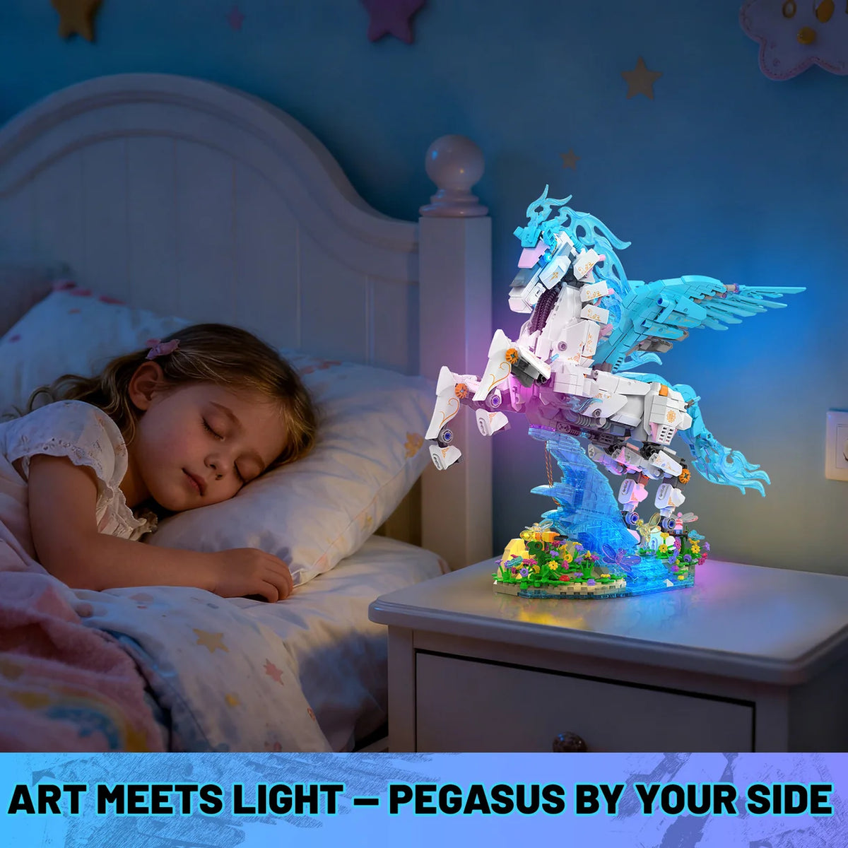 Glowing Woodland Pegasus used as a bedside display