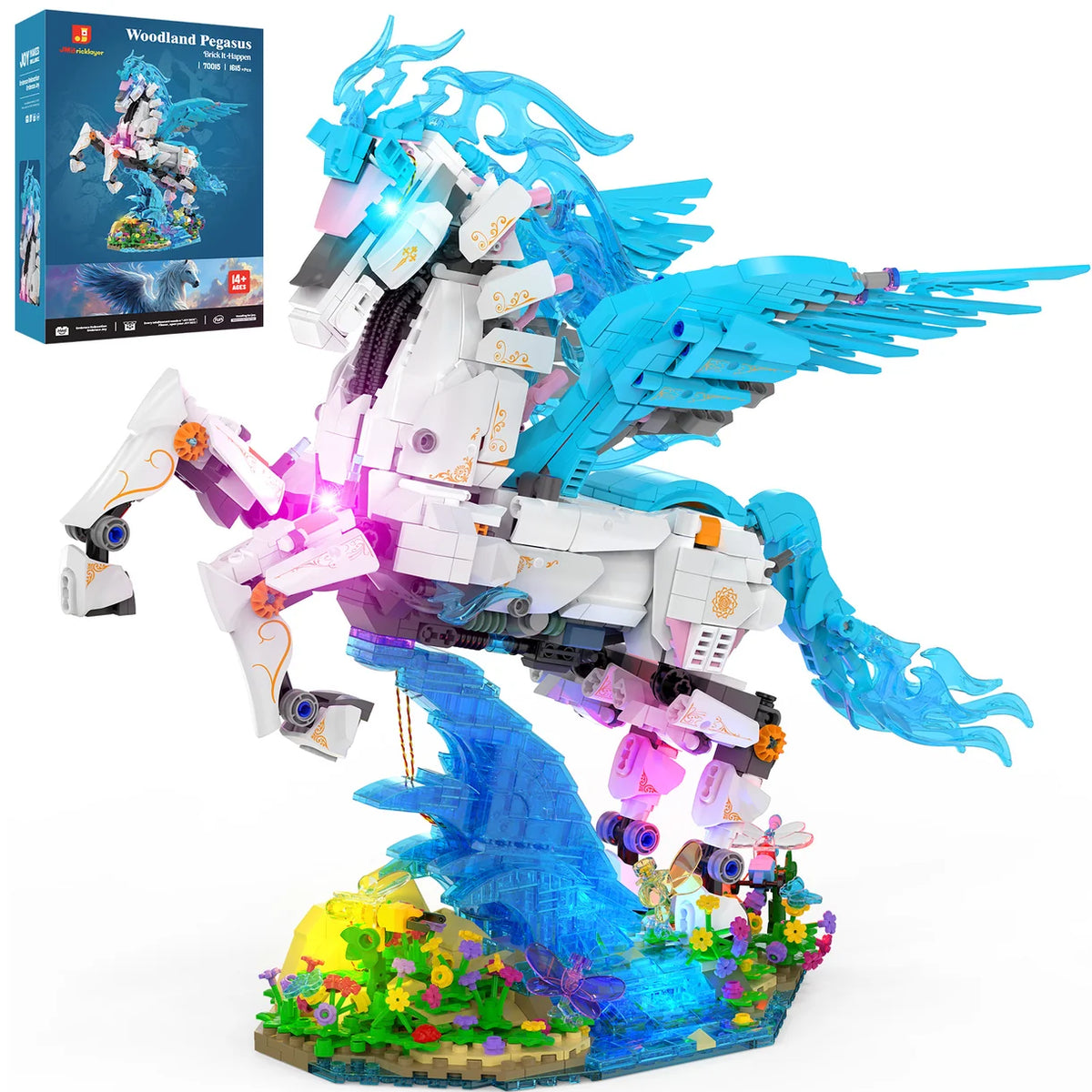 JMBricklayer Woodland Pegasus with glowing base and product box