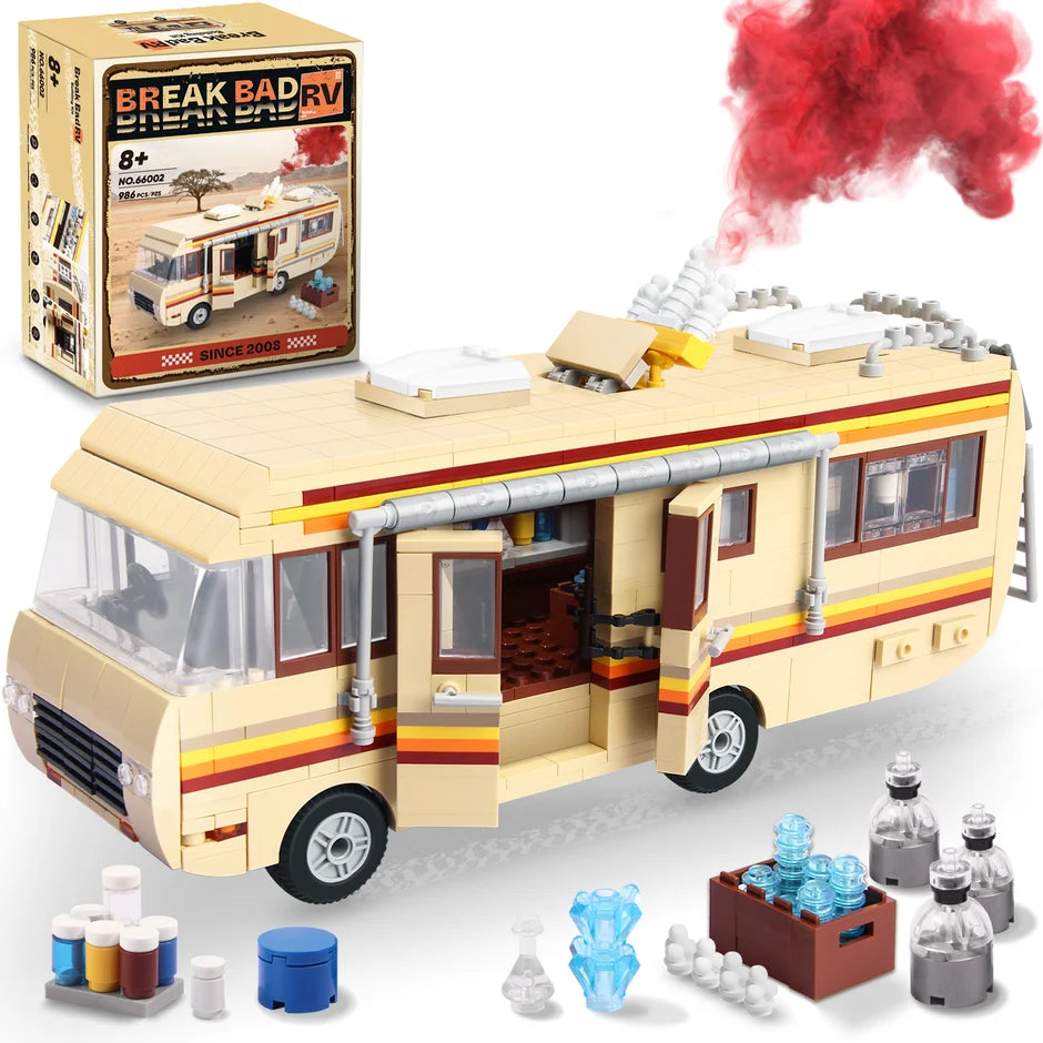Tokmoc Yellow Bus RV with product box and campsite accessories