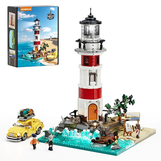 LumiBricks Sunrise Lighthouse with taxi, figures and product box