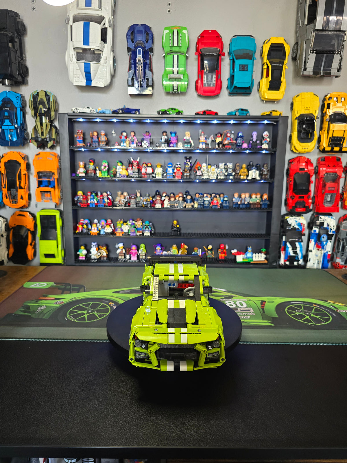 Front view of the lime green LEGO Mustang Shelby GT500