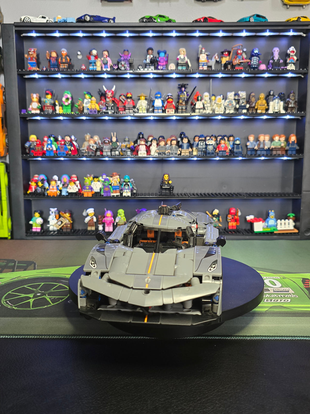Front view of the grey LEGO Koenigsegg Jesko on a turntable