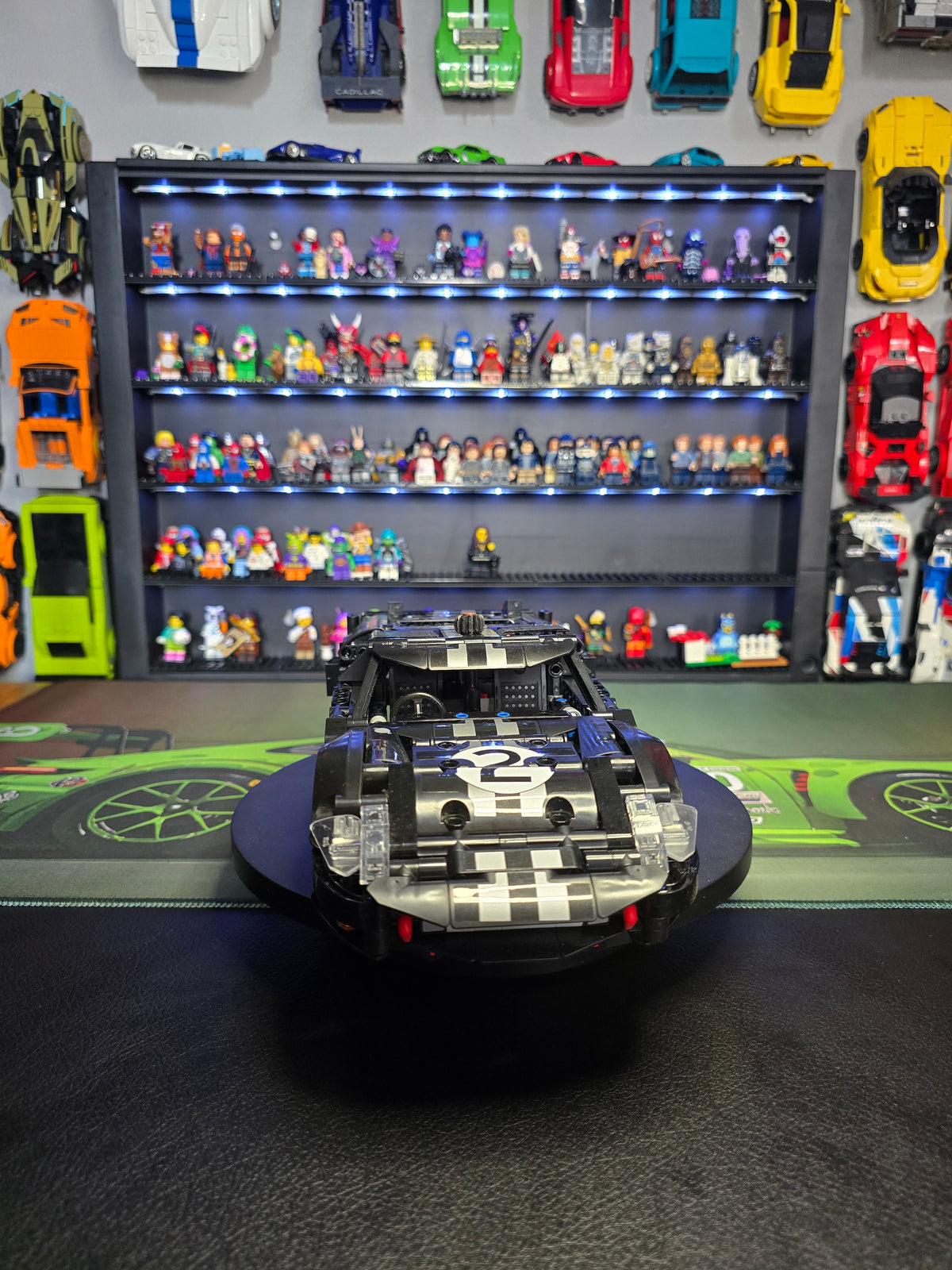 Front view of the built LEGO Ford GT40 MKII on a display turntable