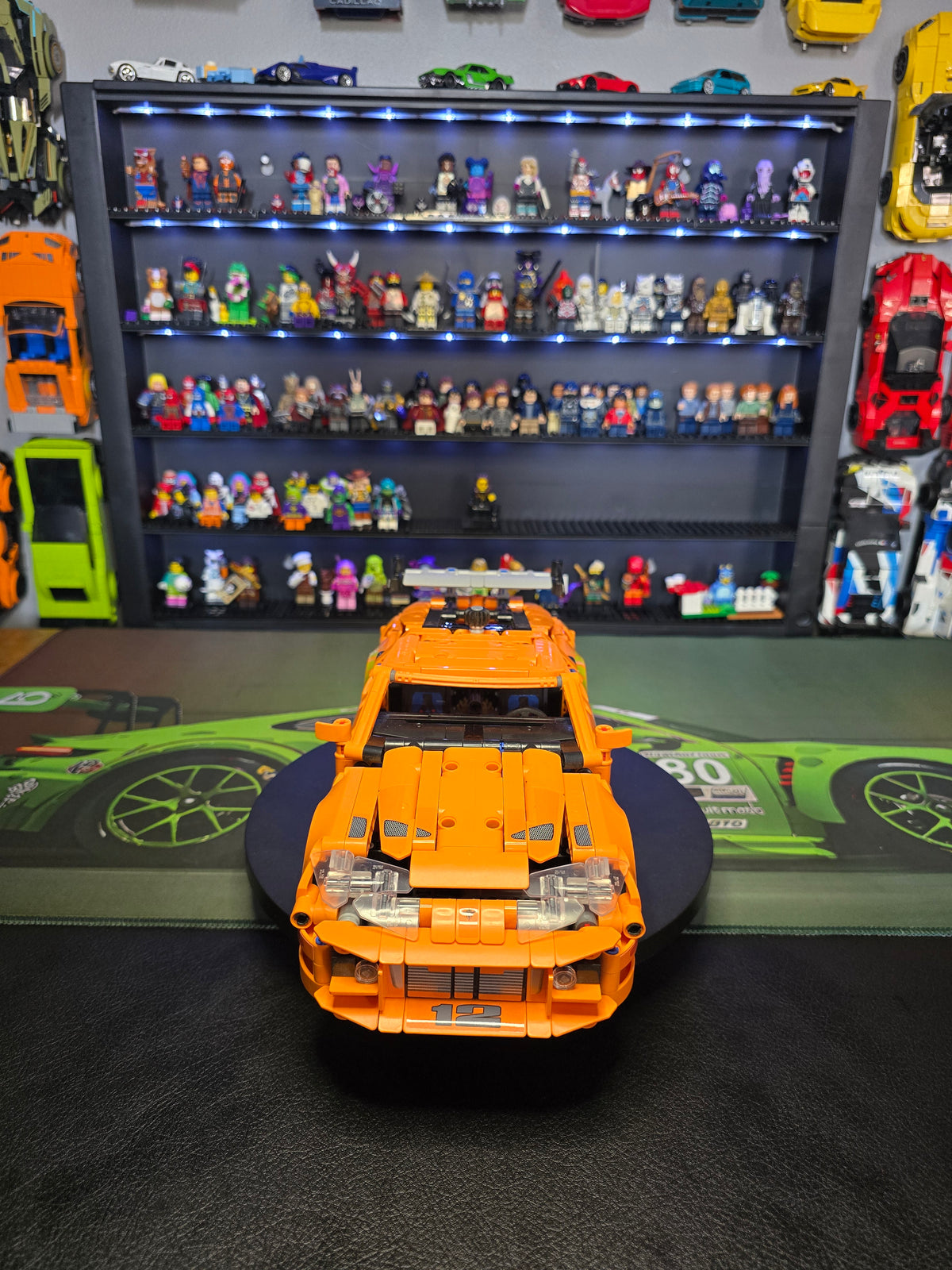 Front view of the orange LEGO Toyota Supra MK4
