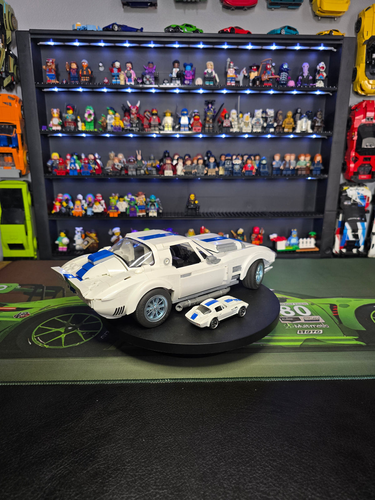 Rear three-quarter view of the Corvette and die-cast car
