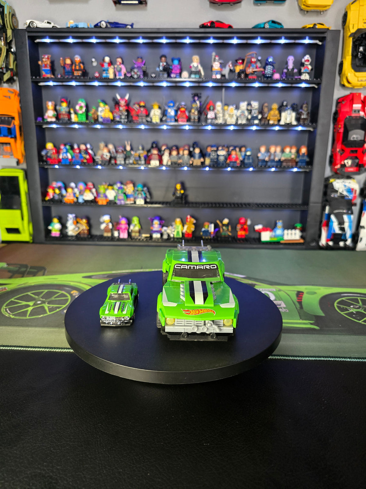 Front view of the green Custom 68 Camaro and die-cast car