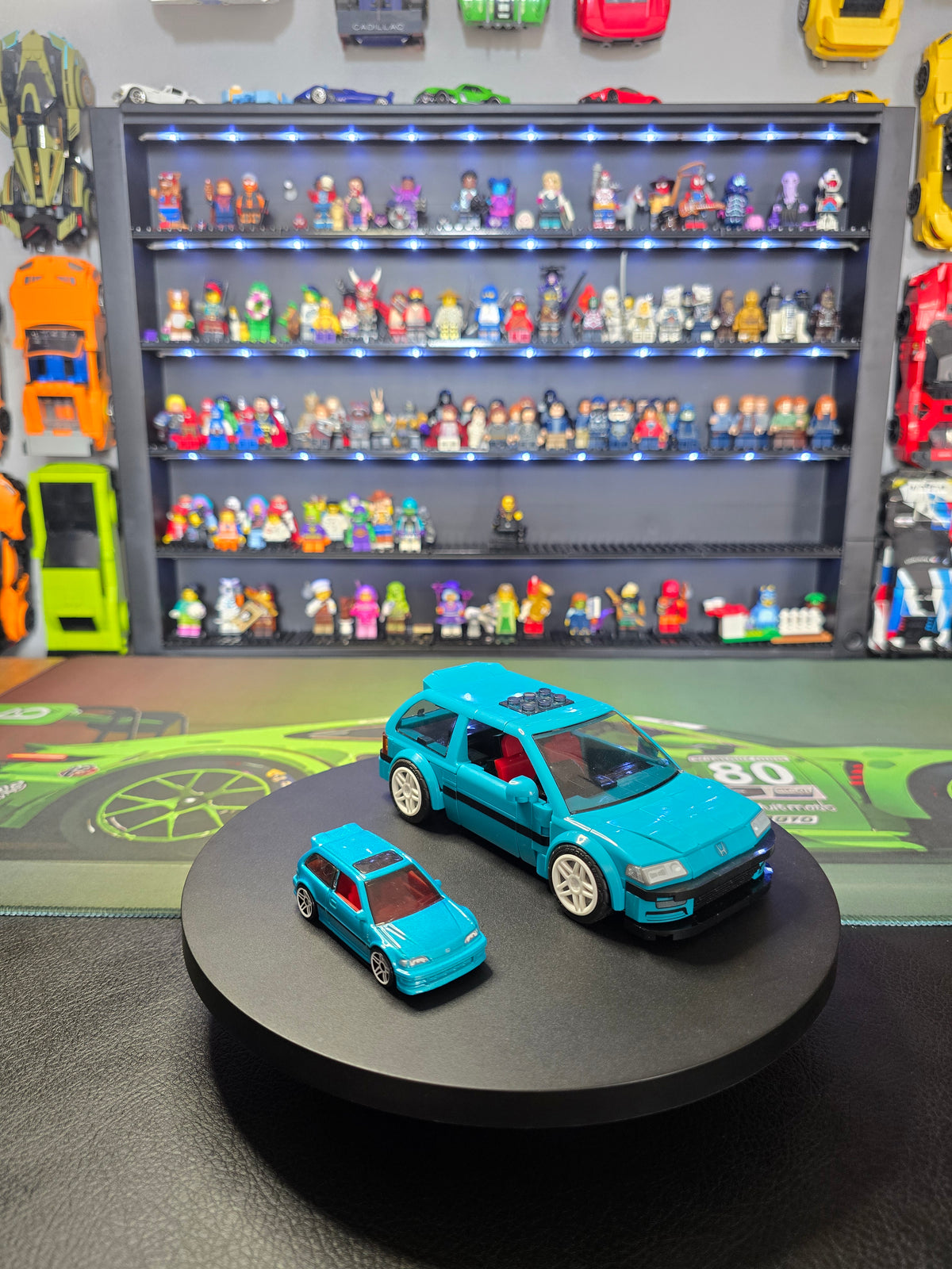 Front view of the turquoise Honda Civic EF and matching die-cast car
