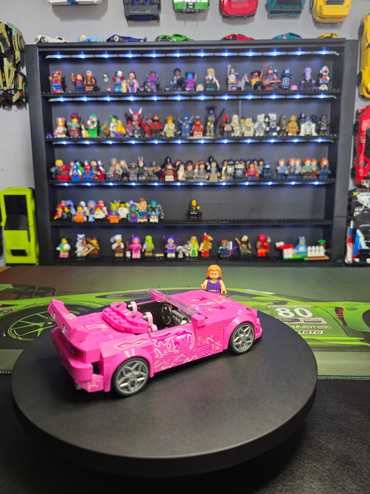 Front three-quarter view of the pink LEGO Honda S2000