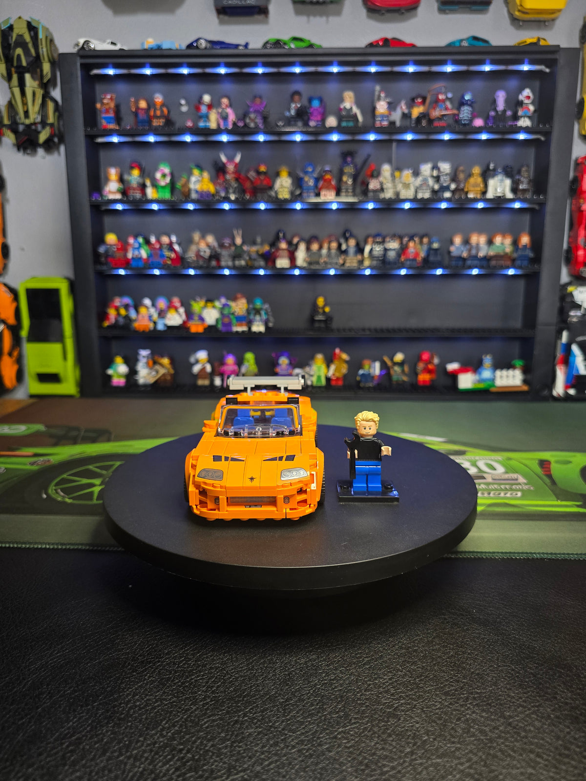 Front view of the orange LEGO Toyota Supra