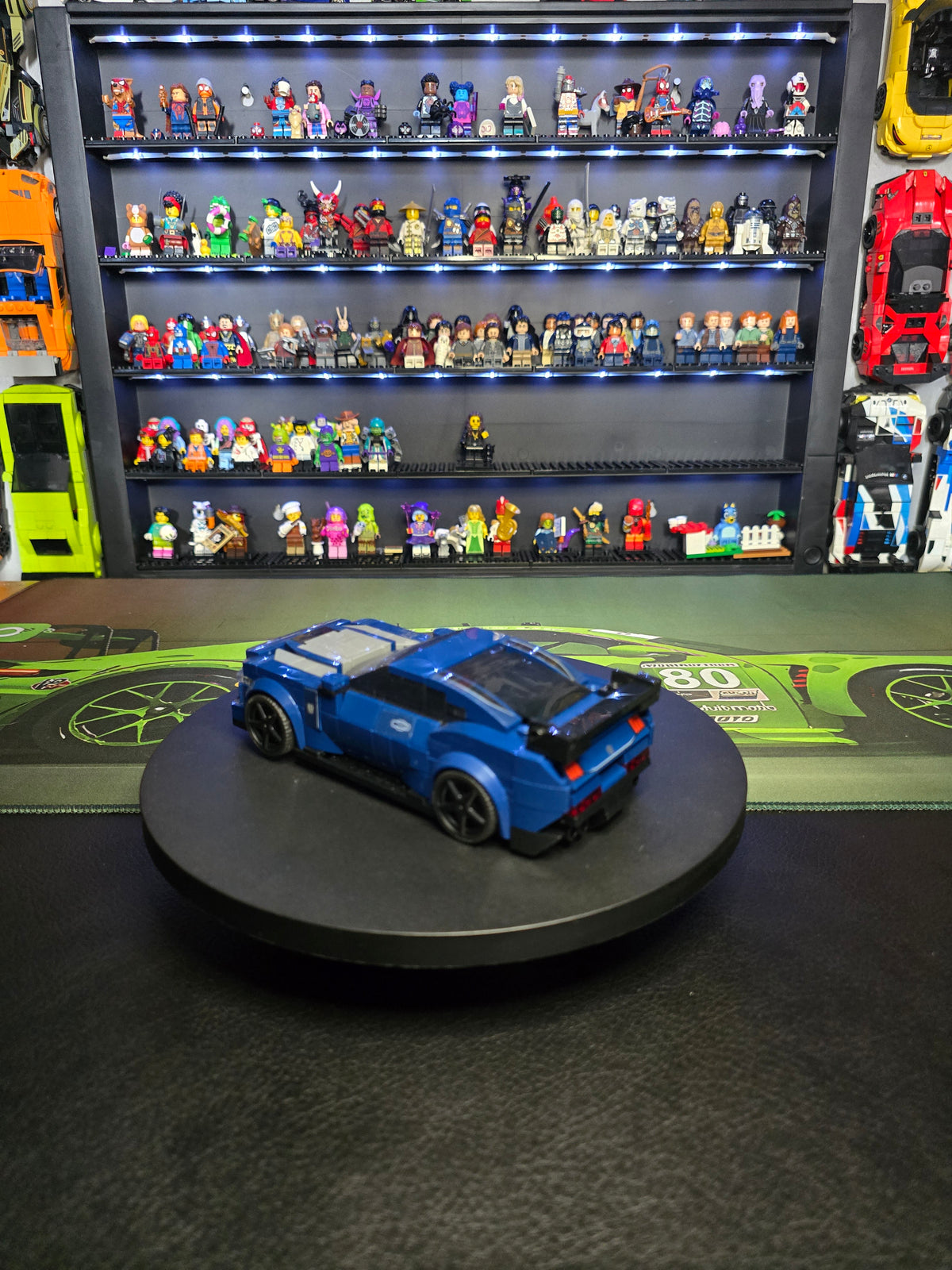 Side view of the blue LEGO Ford Mustang Dark Horse