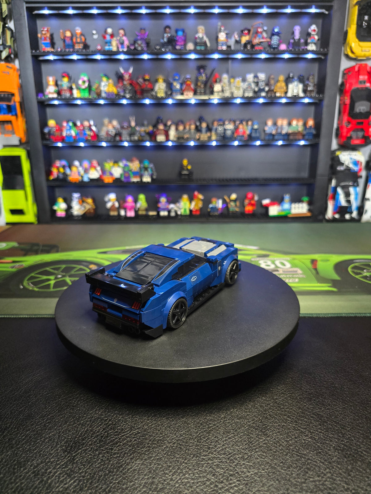 Rear three-quarter view of the blue LEGO Mustang