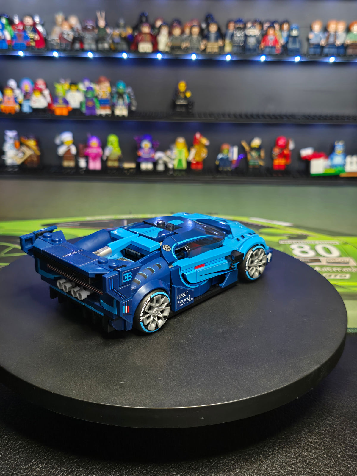 Side view of the blue LEGO Bugatti model
