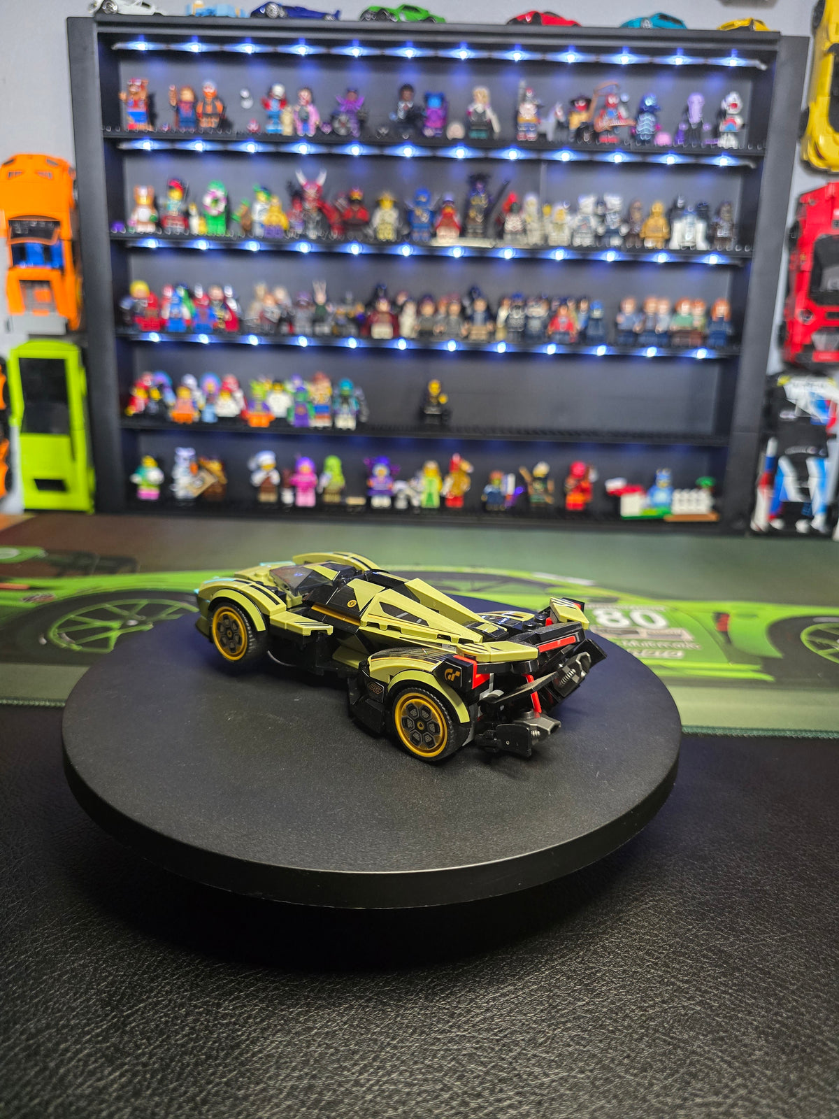 Front three-quarter view of the black and lime LEGO Lamborghini