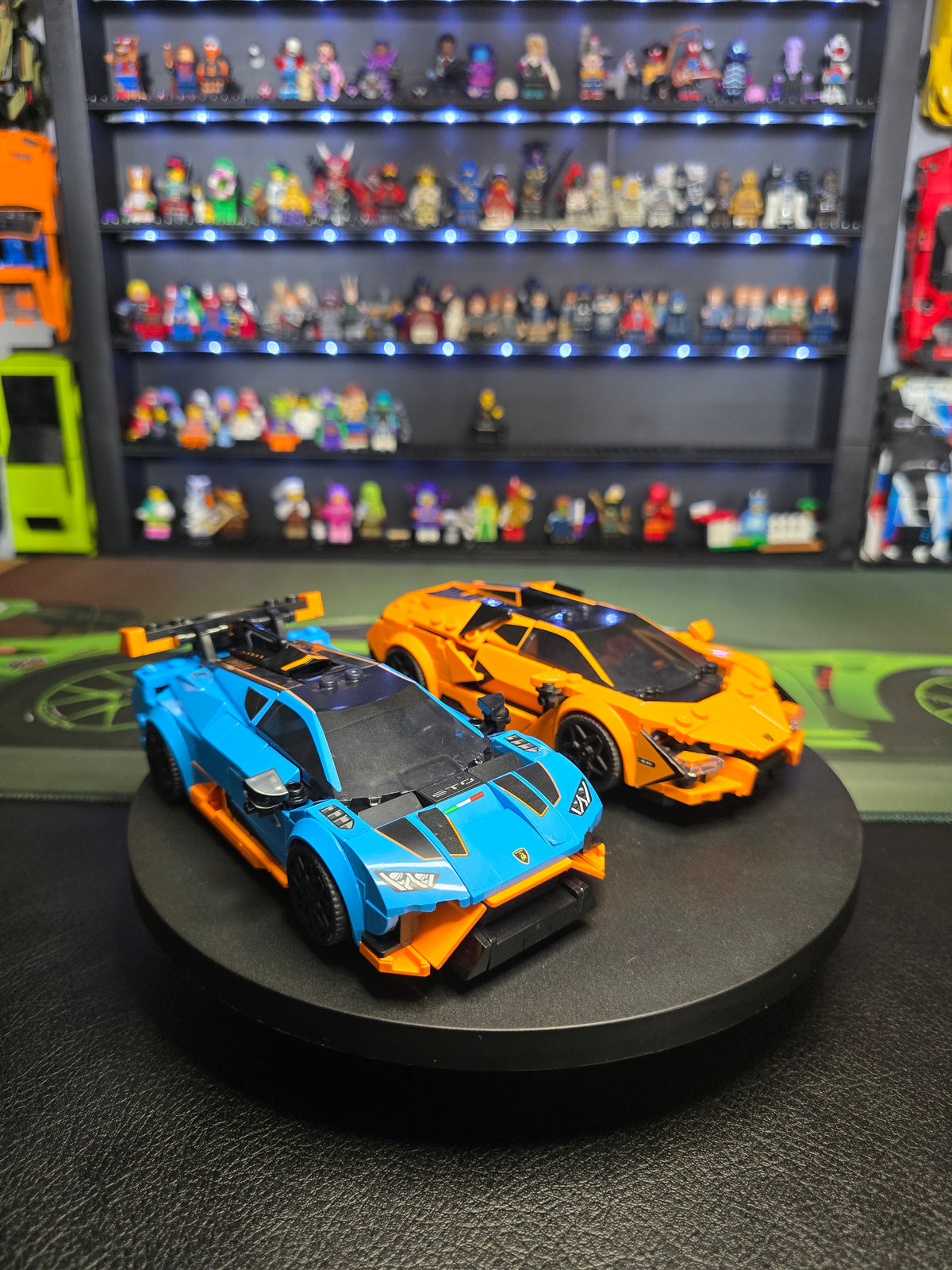 Front three-quarter view of both LEGO Lamborghini models