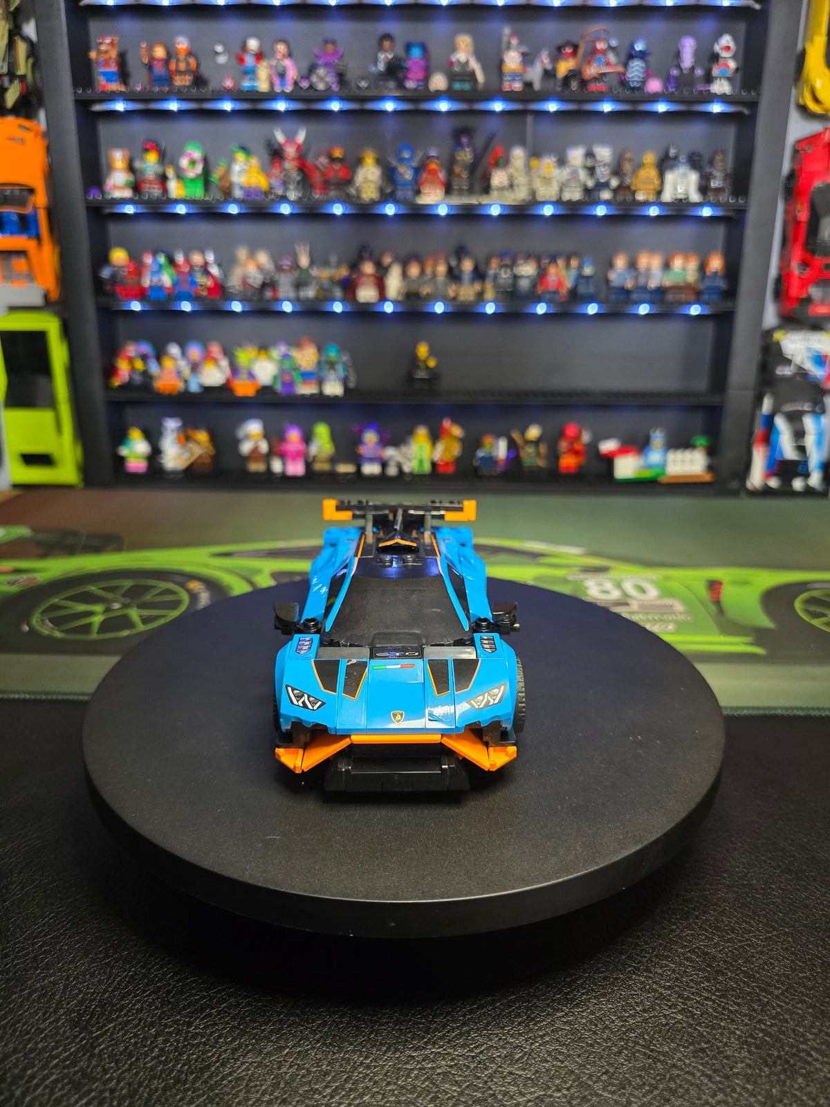 Front view of the blue LEGO Huracán STO