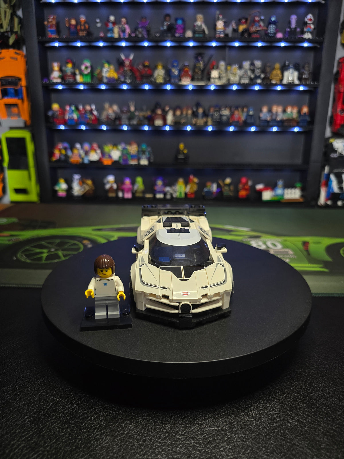 Front view of the Bugatti Centodieci with driver figure