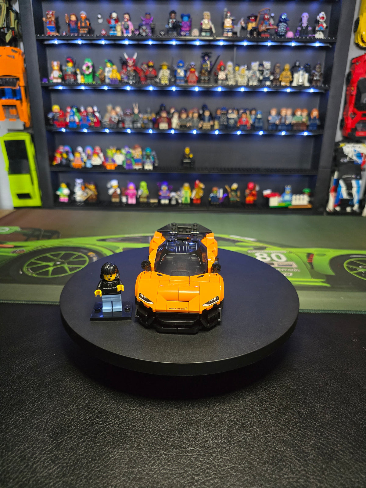 Rear view of the LEGO McLaren W1 with driver figure
