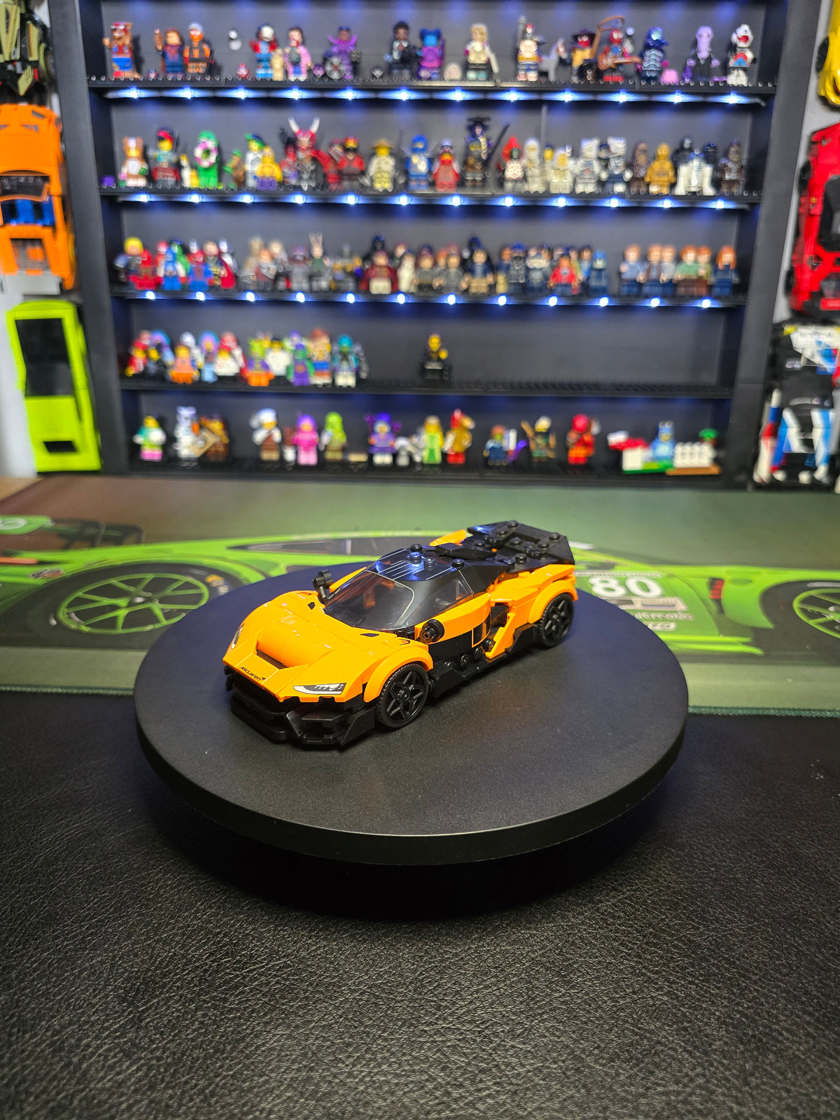 Rear three-quarter view of the orange LEGO McLaren