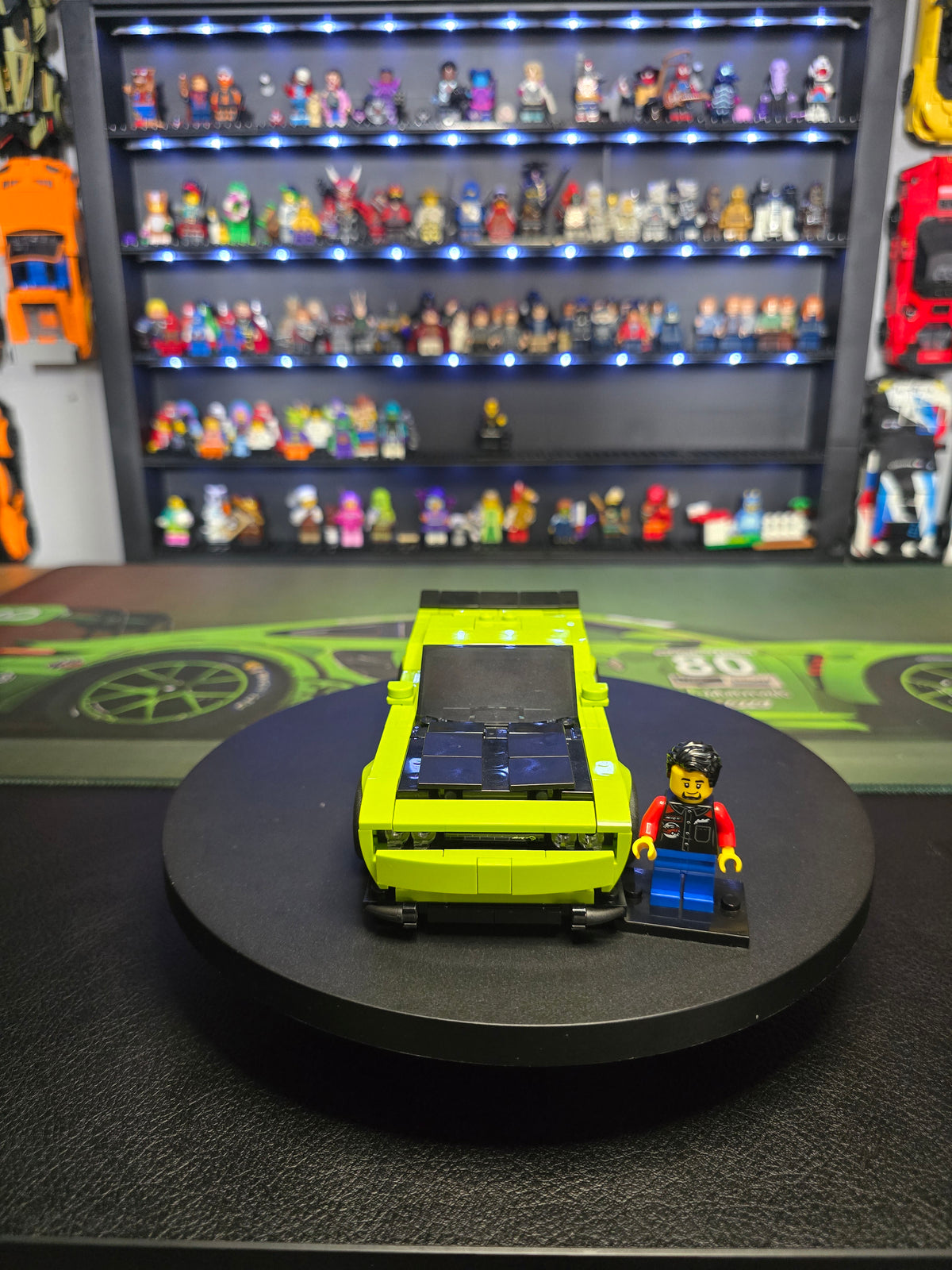 Front view of the LEGO Dodge Challenger with figure