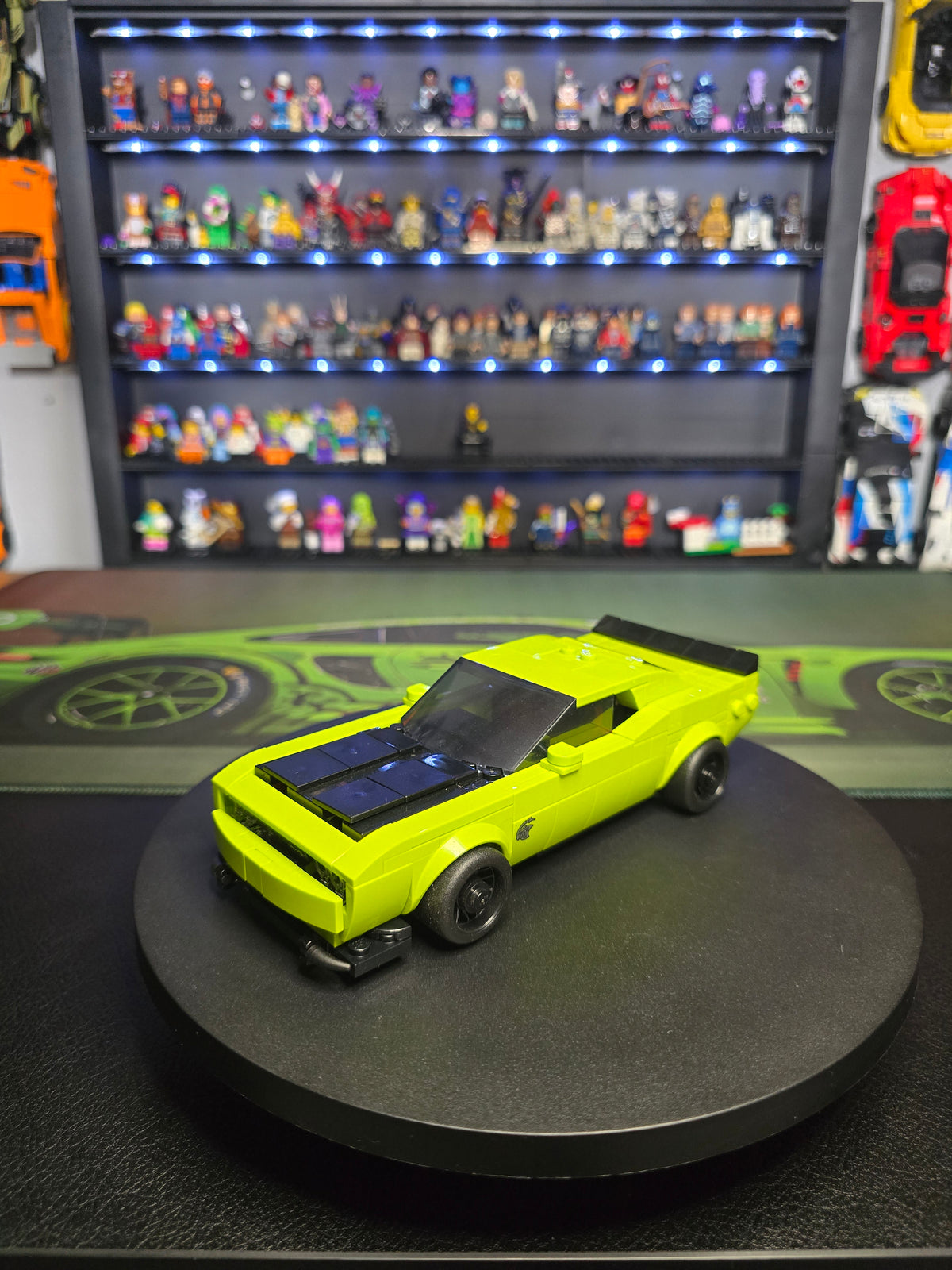 Front three-quarter view of the lime Dodge Challenger