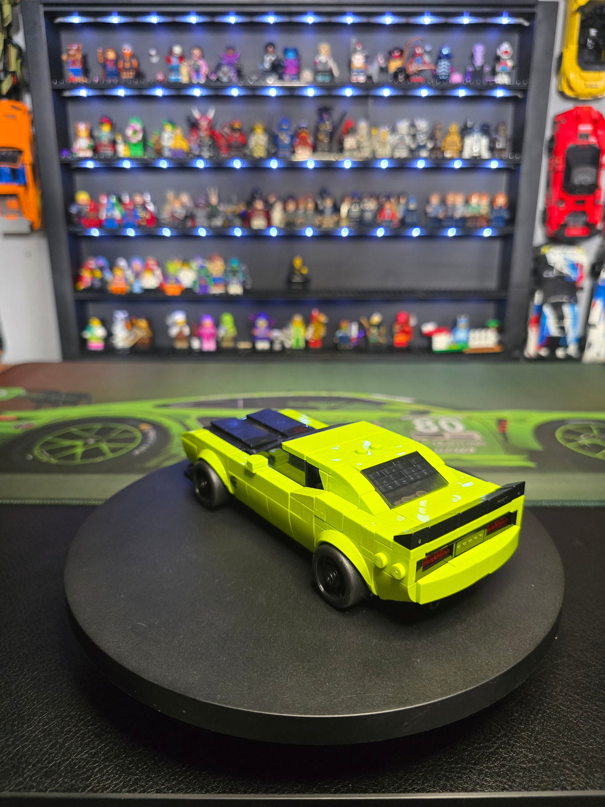 Rear three-quarter view of the LEGO Dodge Challenger