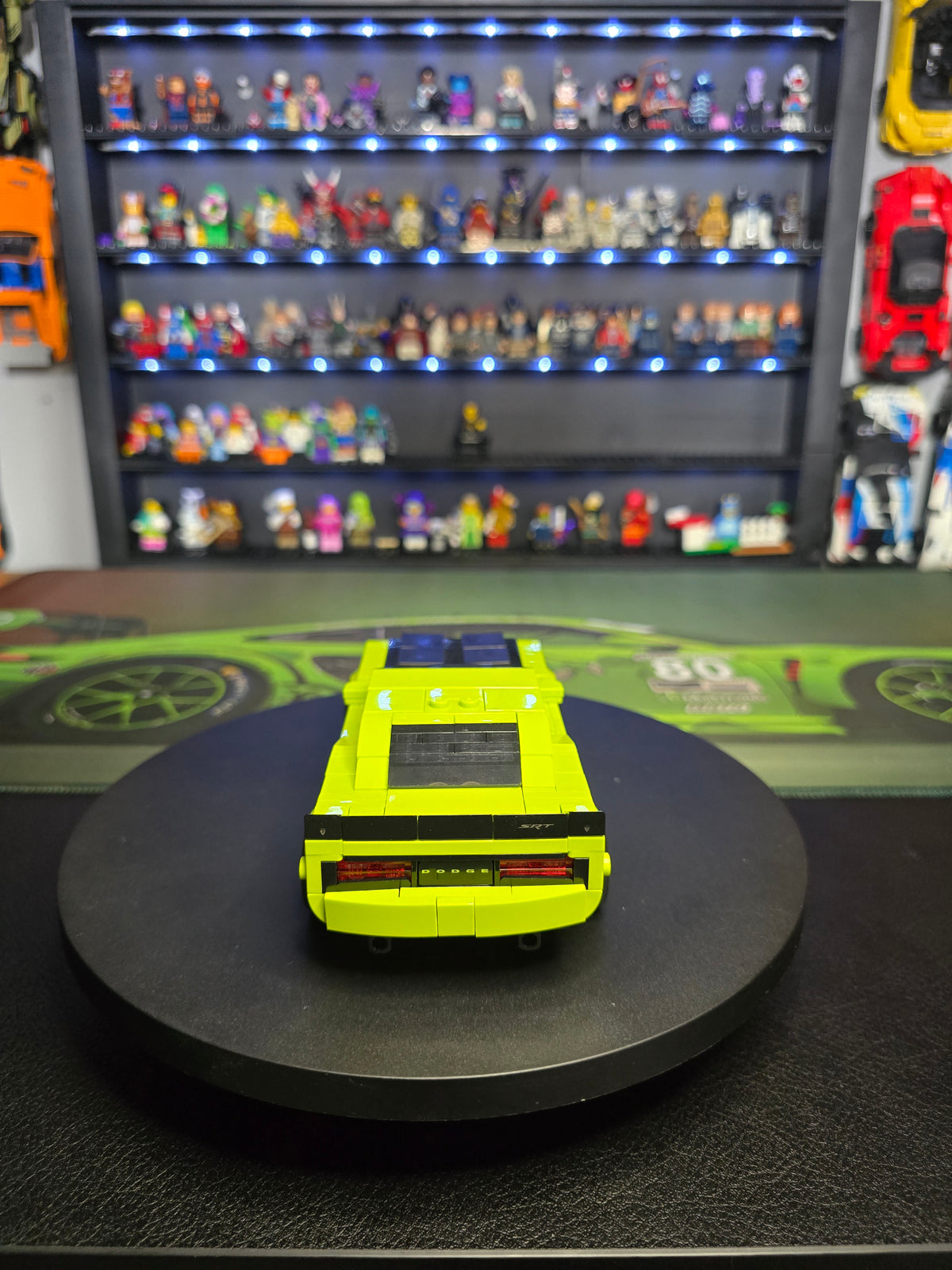 Rear view of the lime Dodge Challenger SRT Hellcat