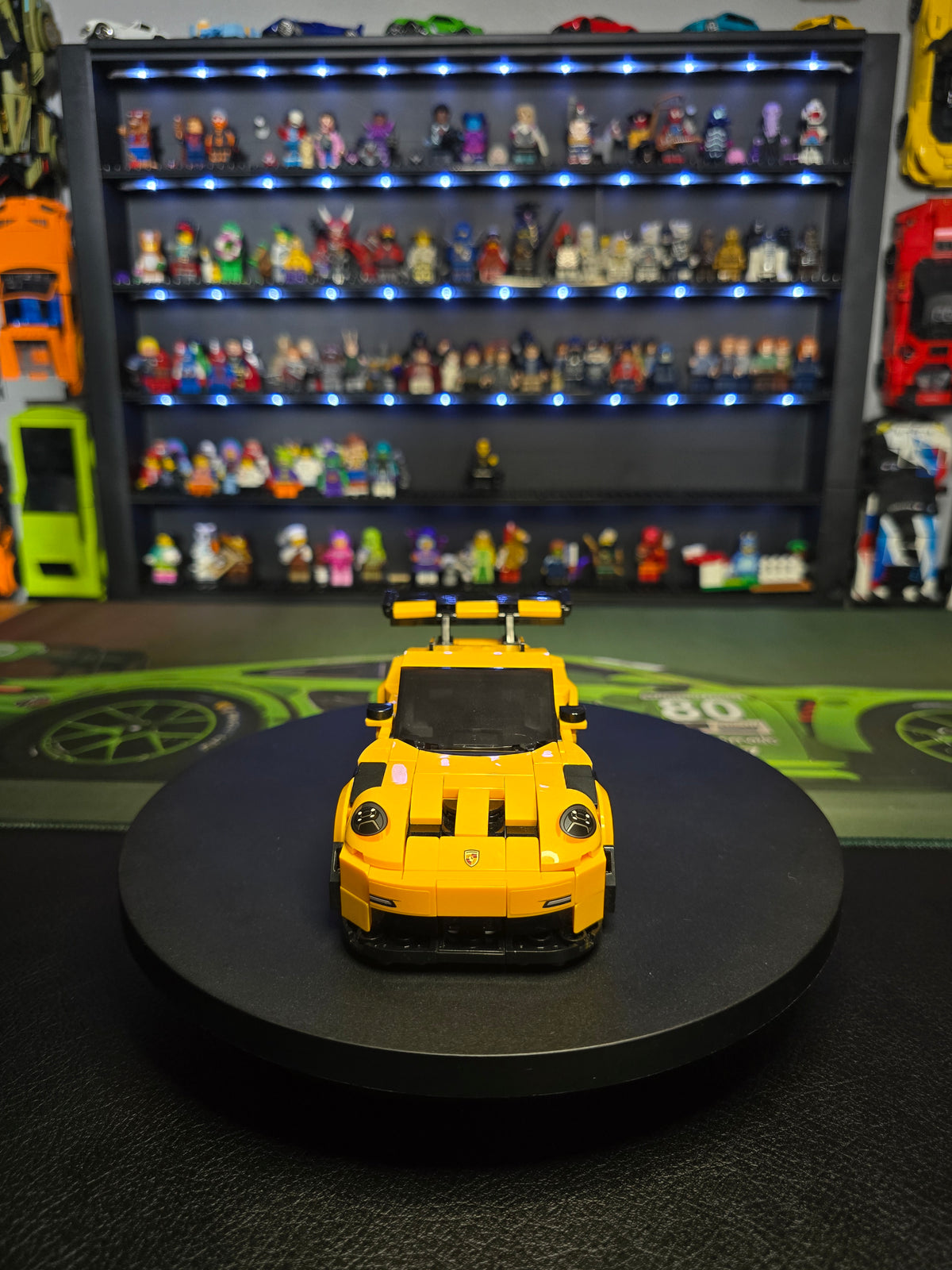 Rear view of the yellow LEGO Porsche