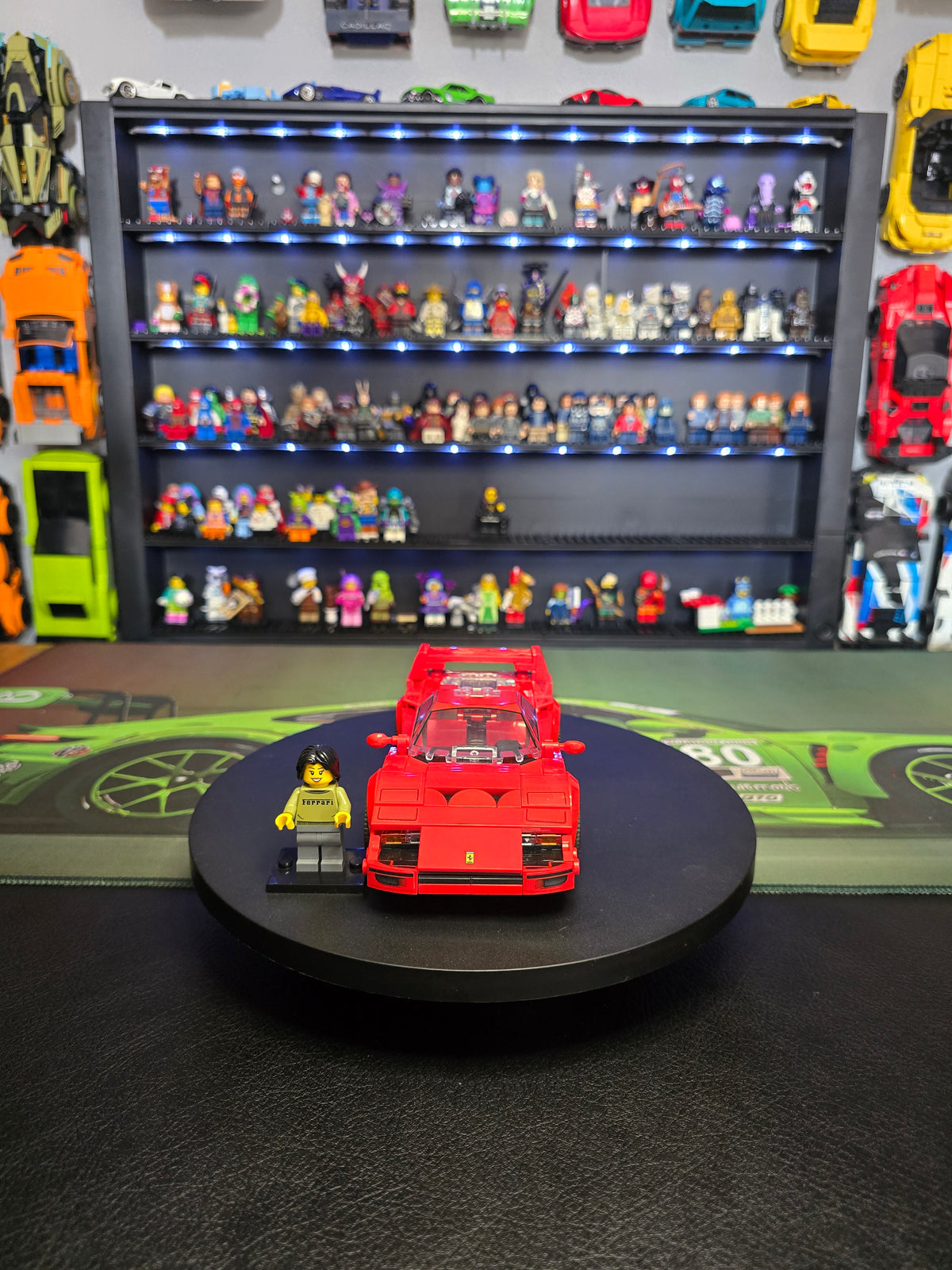 Front view of the red LEGO Ferrari F40 with figure