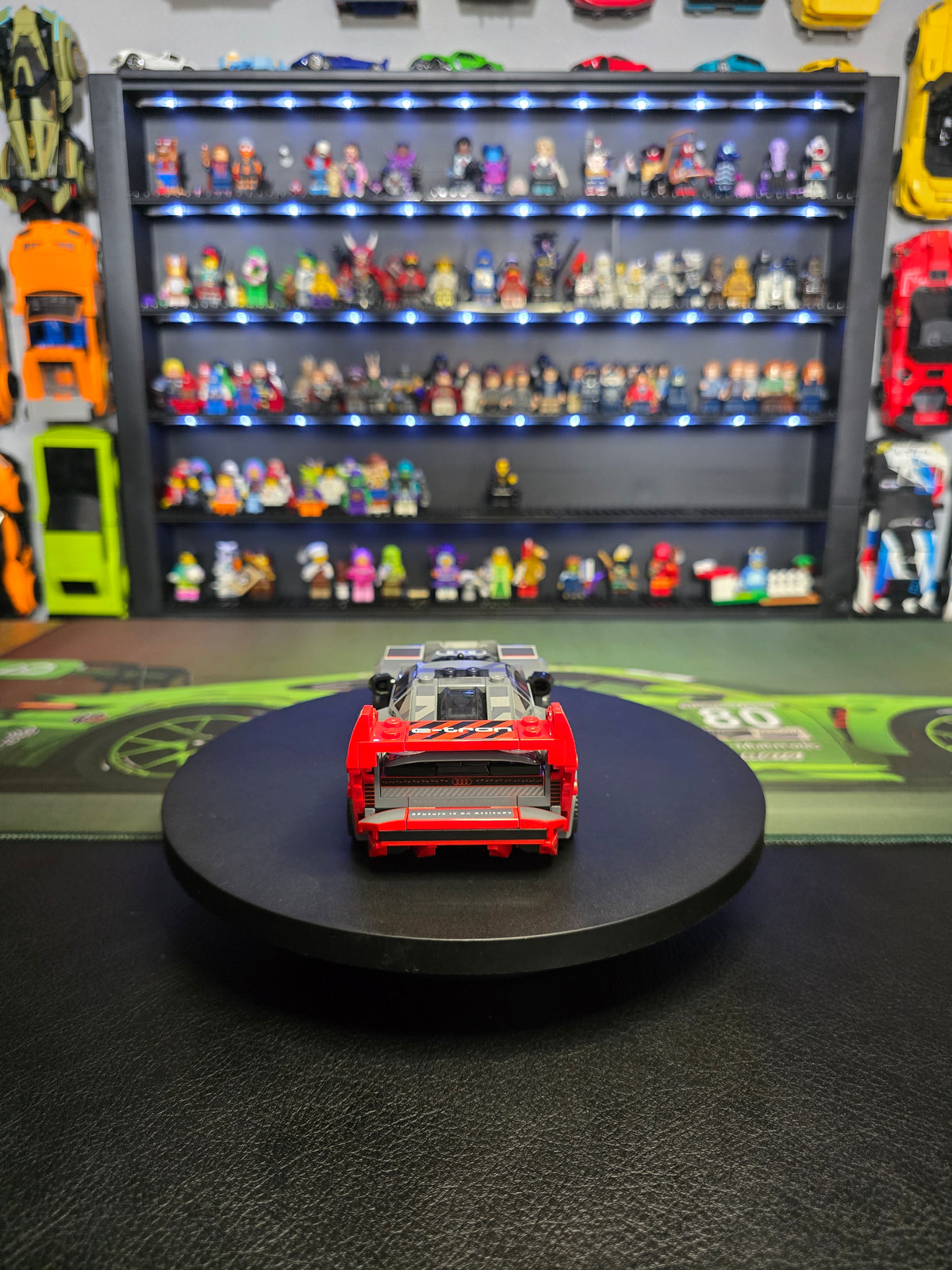 Rear view of the red and grey LEGO Audi