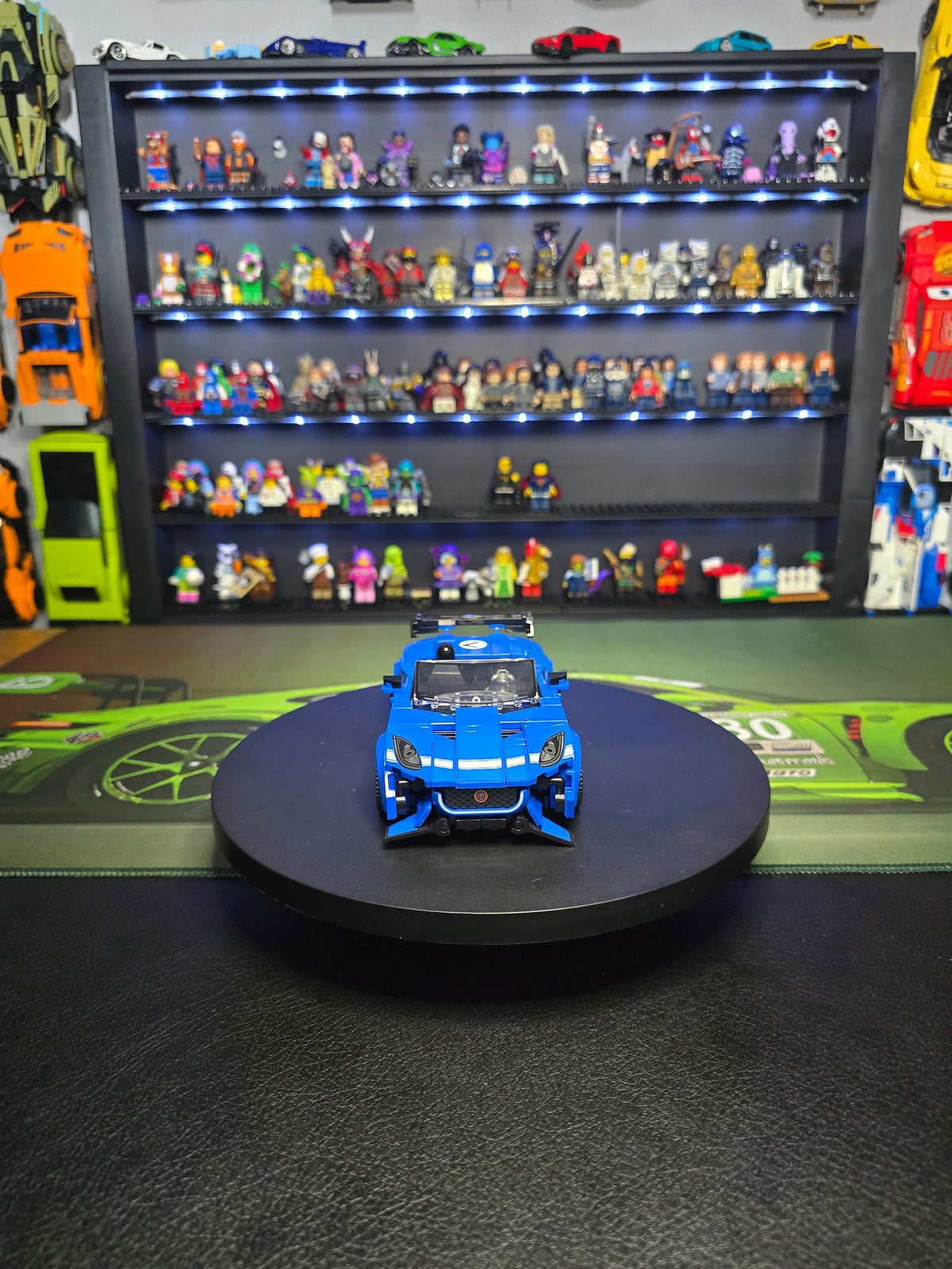 Rear view of the blue LEGO Jaguar Type 00