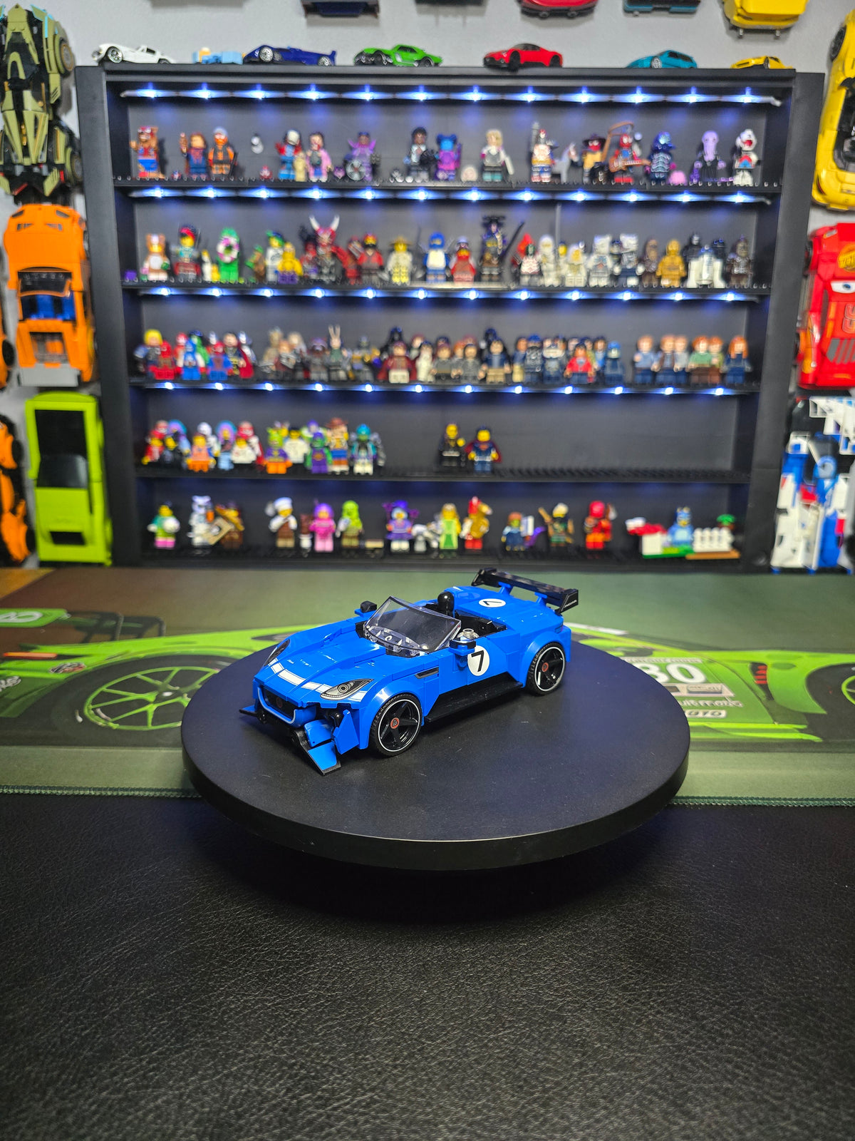Front three-quarter view of the blue Jaguar model
