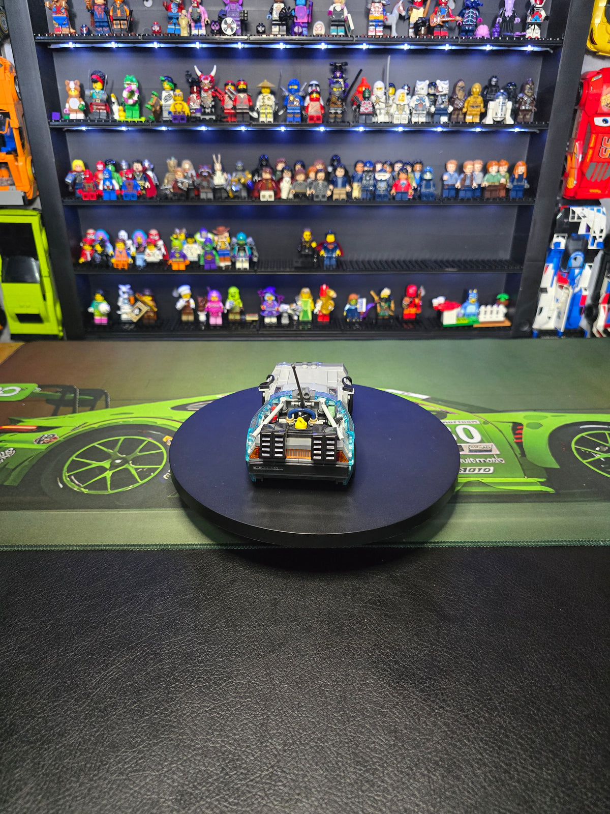 Rear view of the Back to the Future Time Machine with figures