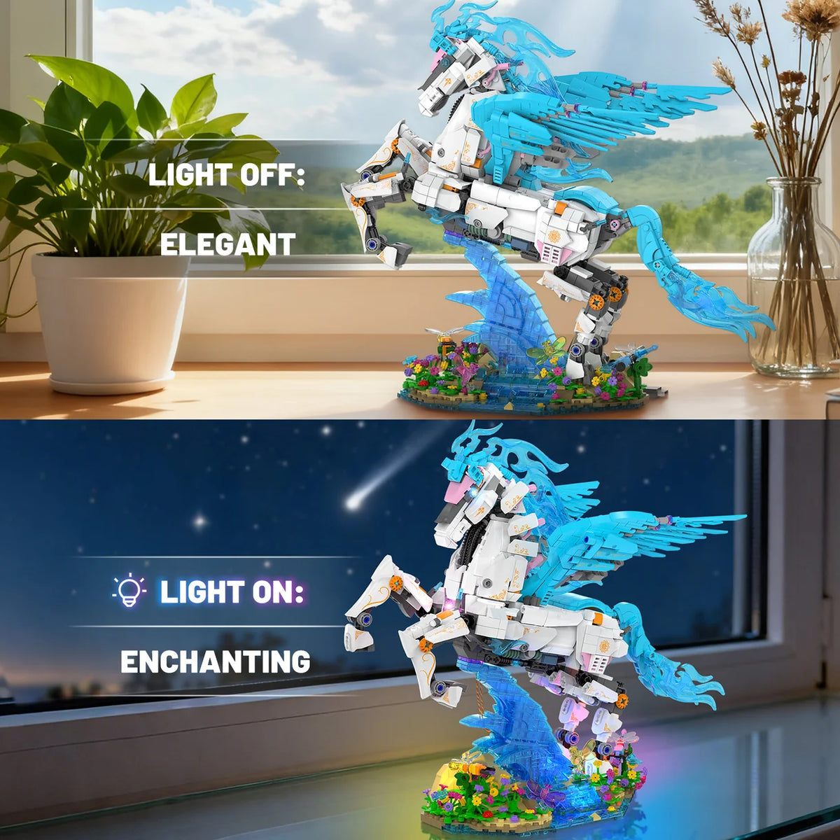 Woodland Pegasus displayed beside a plant with lights on and off