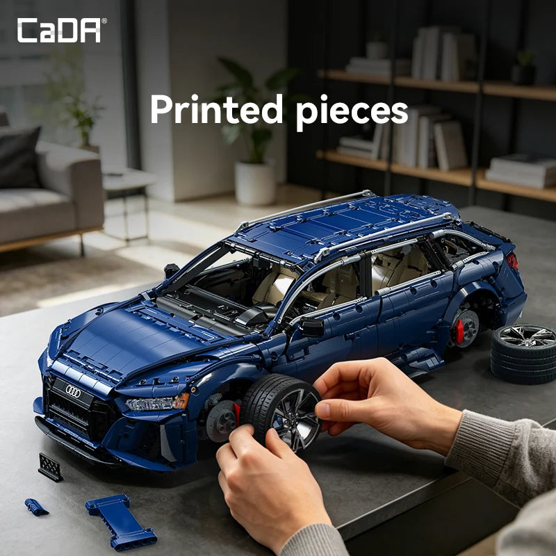 Builder fitting printed pieces to the Audi RS6 model