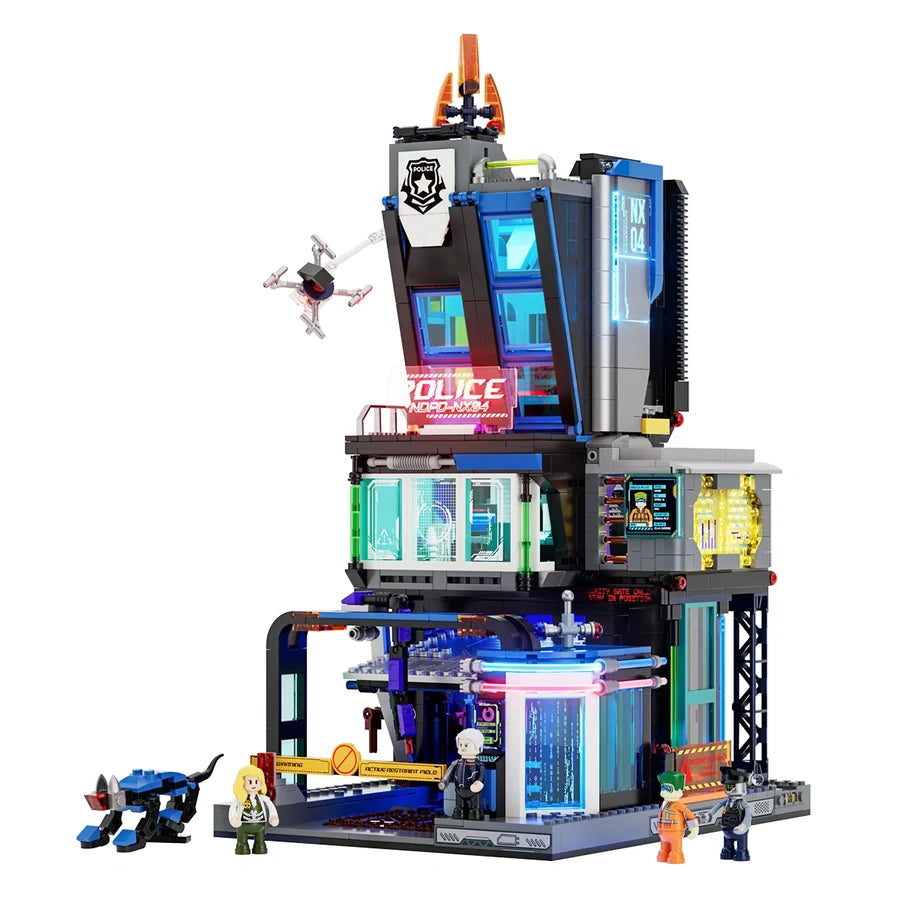 LumiBricks Cyberpunk Police HQ – 1,716 Piece Light-Up Building Set
