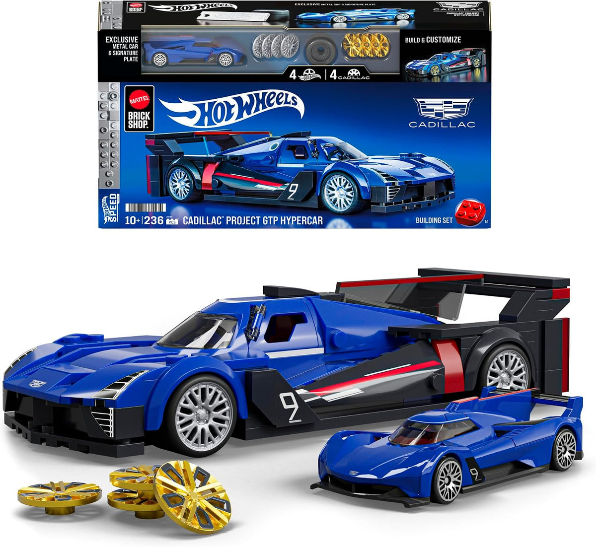 Mattel Brick Shop Cadillac Project GTP with box, spare wheels and die-cast car