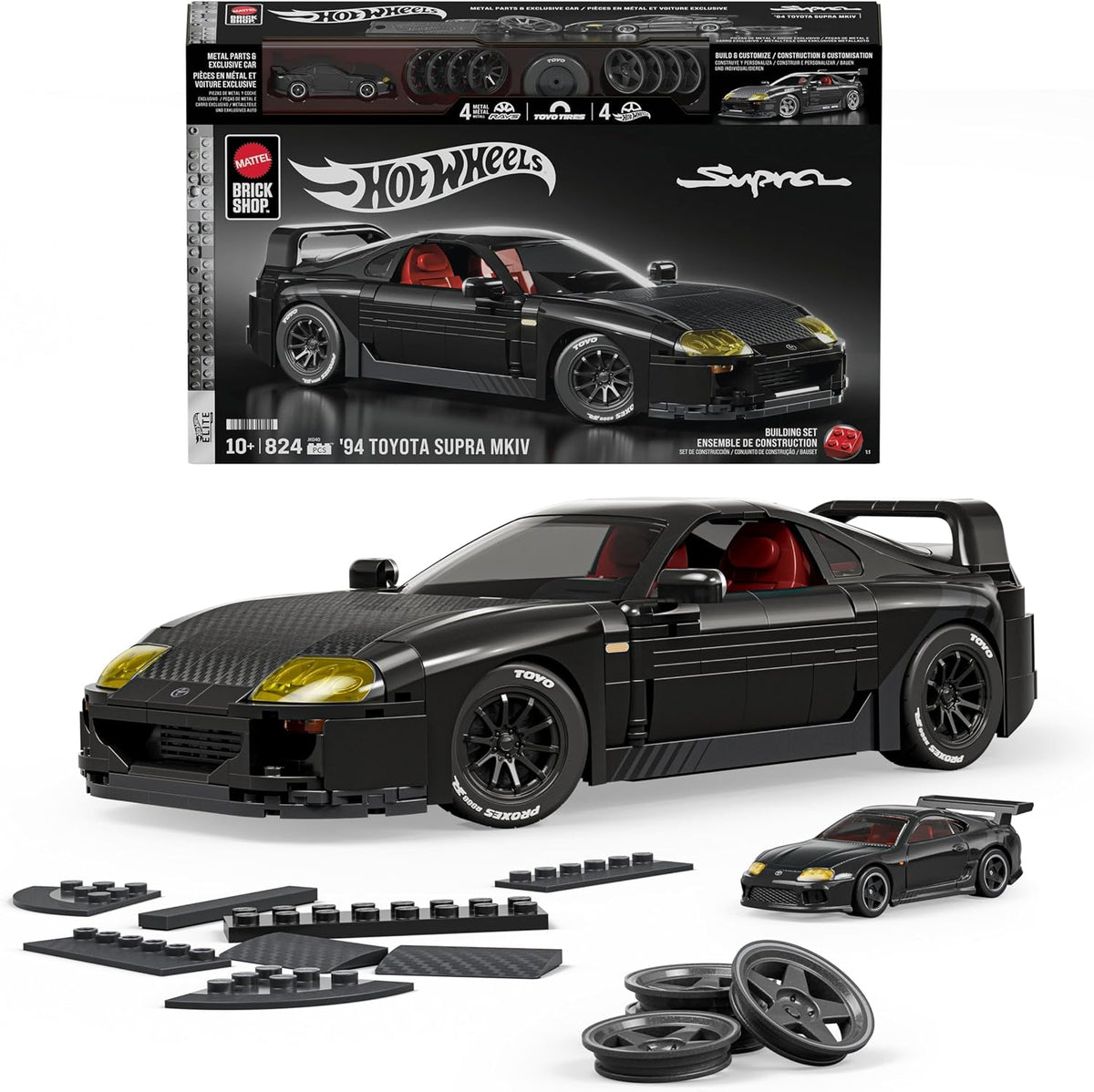 Mattel Brick Shop Hot Wheels Toyota Supra MKIV with box, wheels and accessories