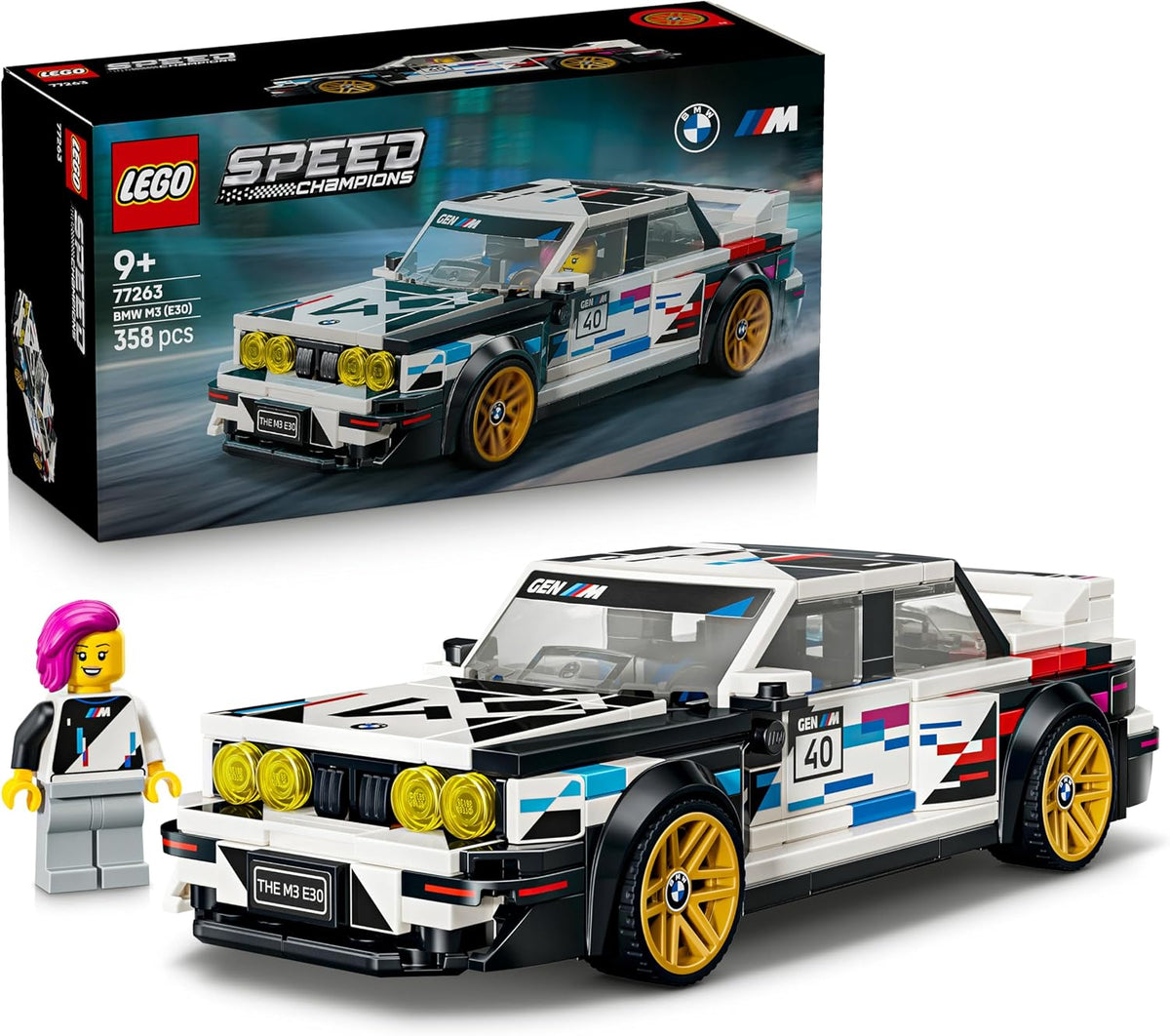 LEGO Speed Champions BMW M3 E30 with product box and driver figure