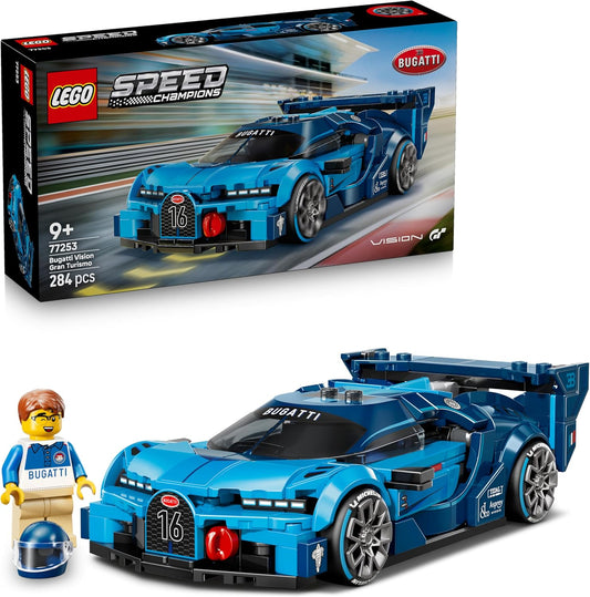 LEGO Speed Champions Bugatti Vision GT with product box and driver figure