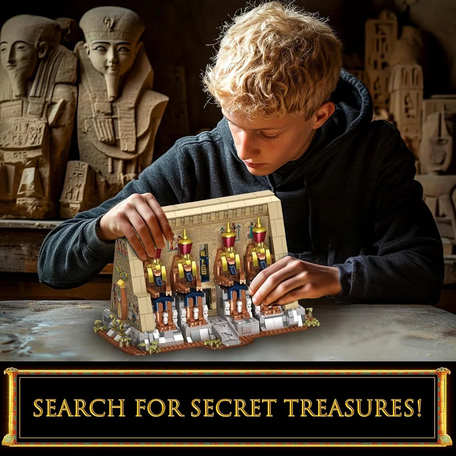 Young builder exploring the Egyptian temple model