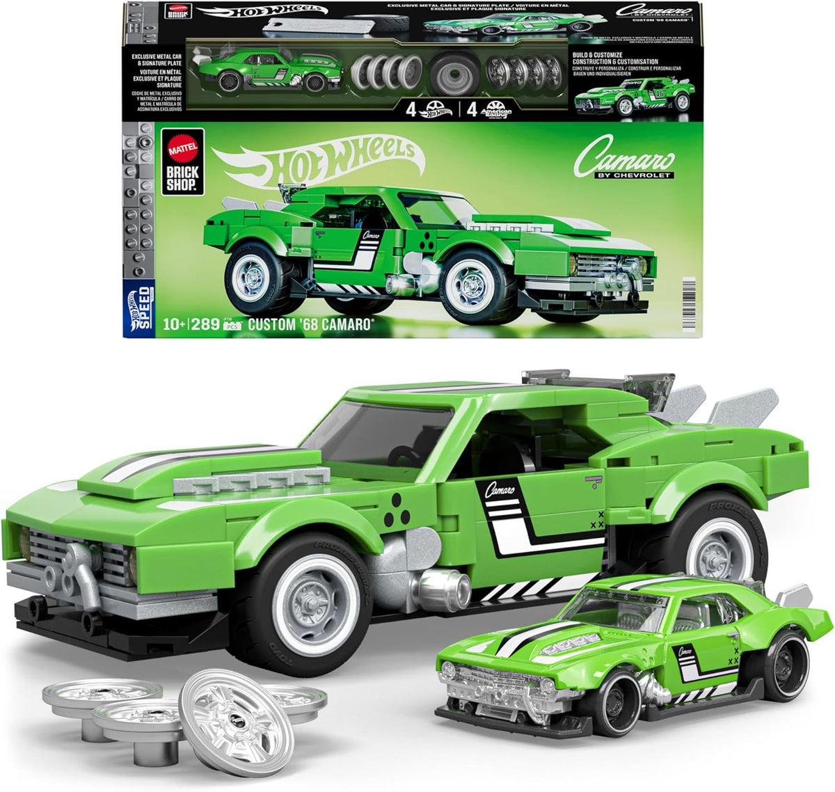 Mattel Brick Shop Hot Wheels Custom 68 Camaro with box and die-cast car