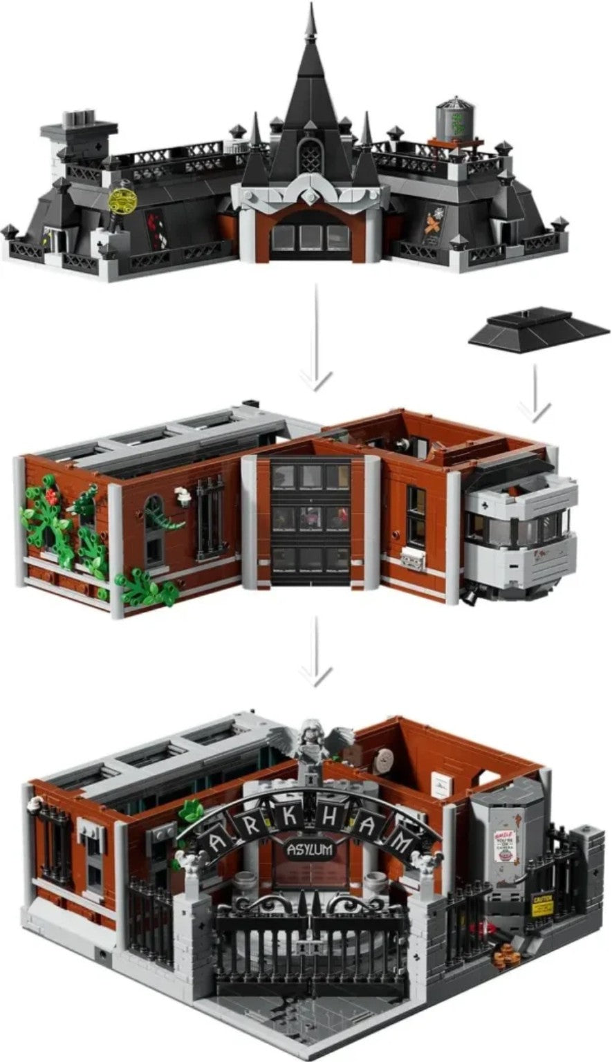BrickVivid Arkham Asylum modular building shown separated into removable levels