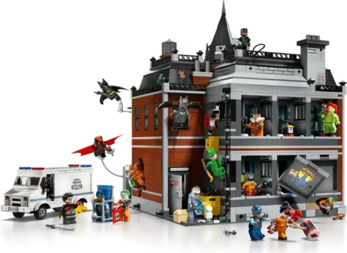 Rear view of the BrickVivid Arkham Asylum building with interior rooms and figures