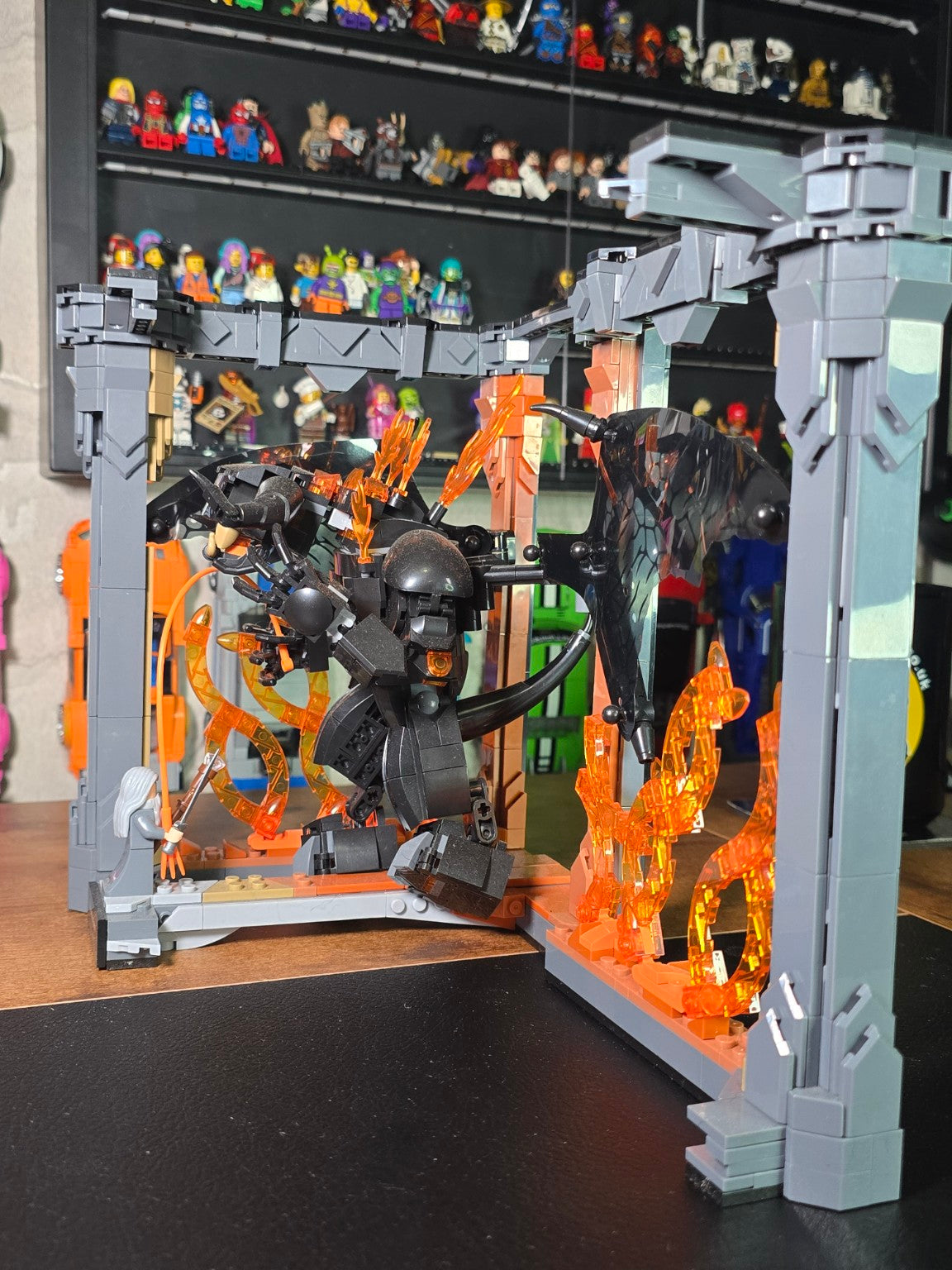 BrickVivid Balrog Book Nook angled view showing Balrog, Gandalf and fiery scene