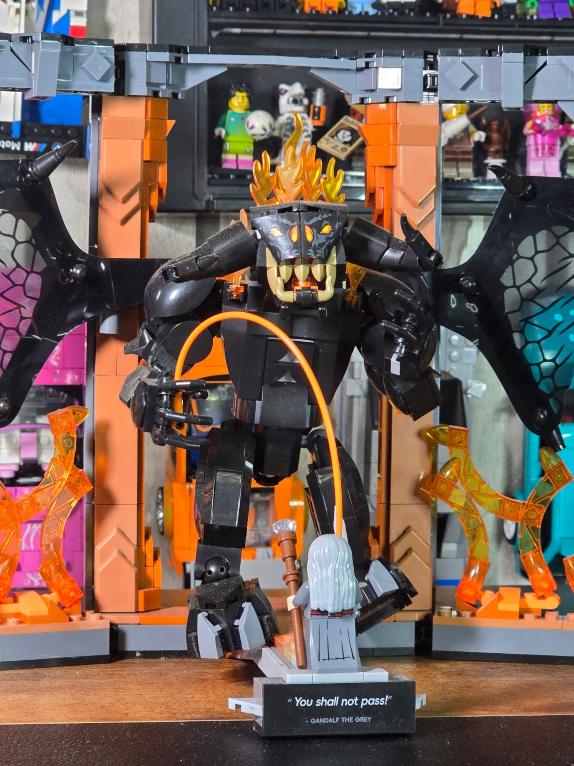 BrickVivid Balrog Book Nook close-up with Gandalf facing the Balrog