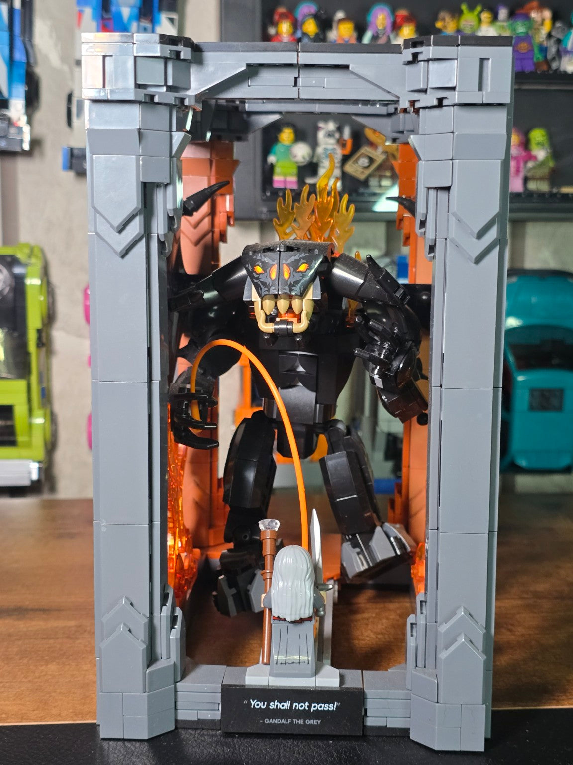 BrickVivid Balrog Book Nook front view with Gandalf and Balrog