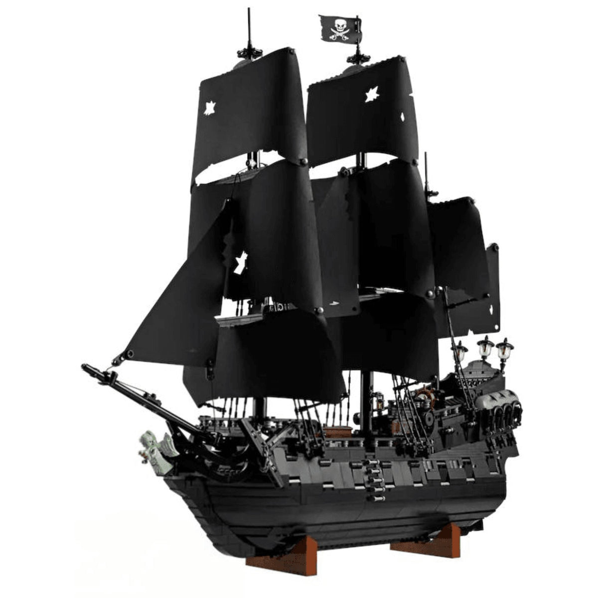 BrickVivid Captain Jack Sparrow pirate ship building set with black sails and display stand