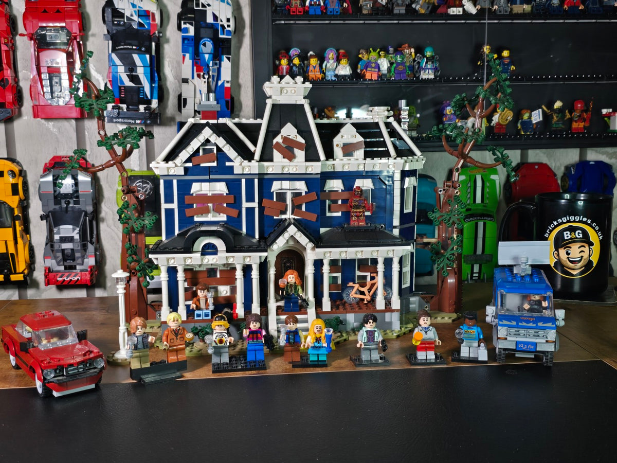 Finished BrickVivid Stranger Things Creel House build with figures, BMW and WSQK van