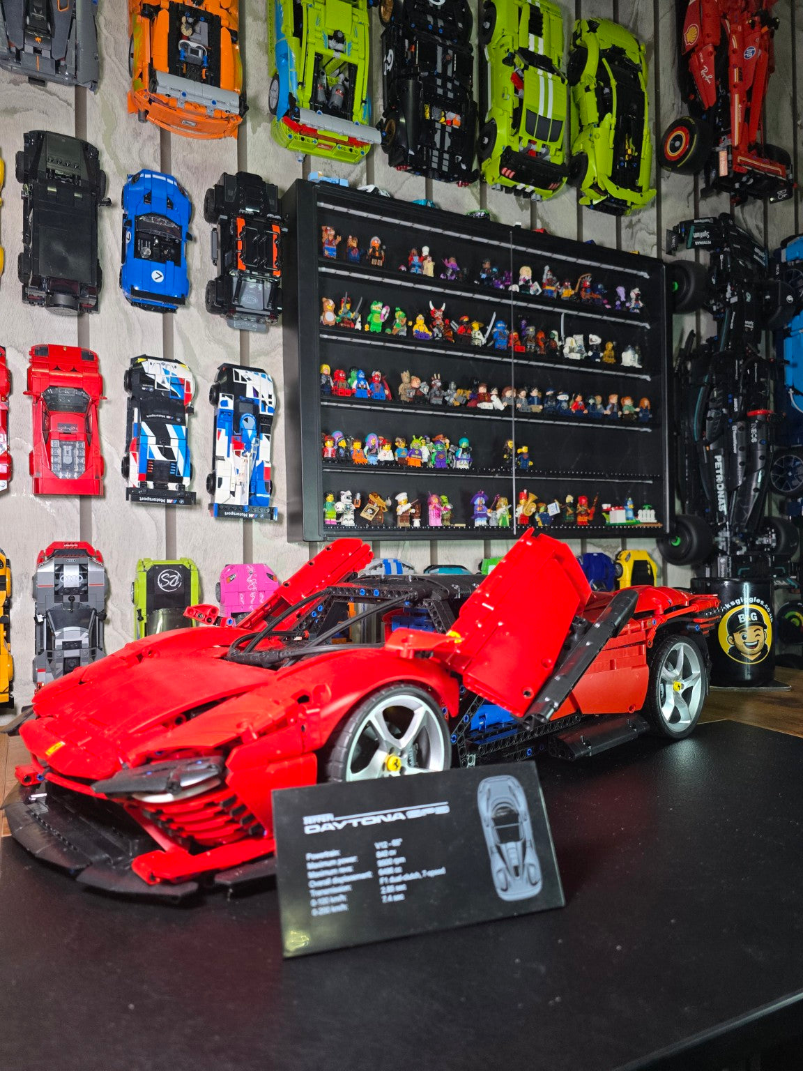 BrickVivid Ferrari Daytona SP3 1:8 scale finished build with display plaque in the Bricks & Giggles build room