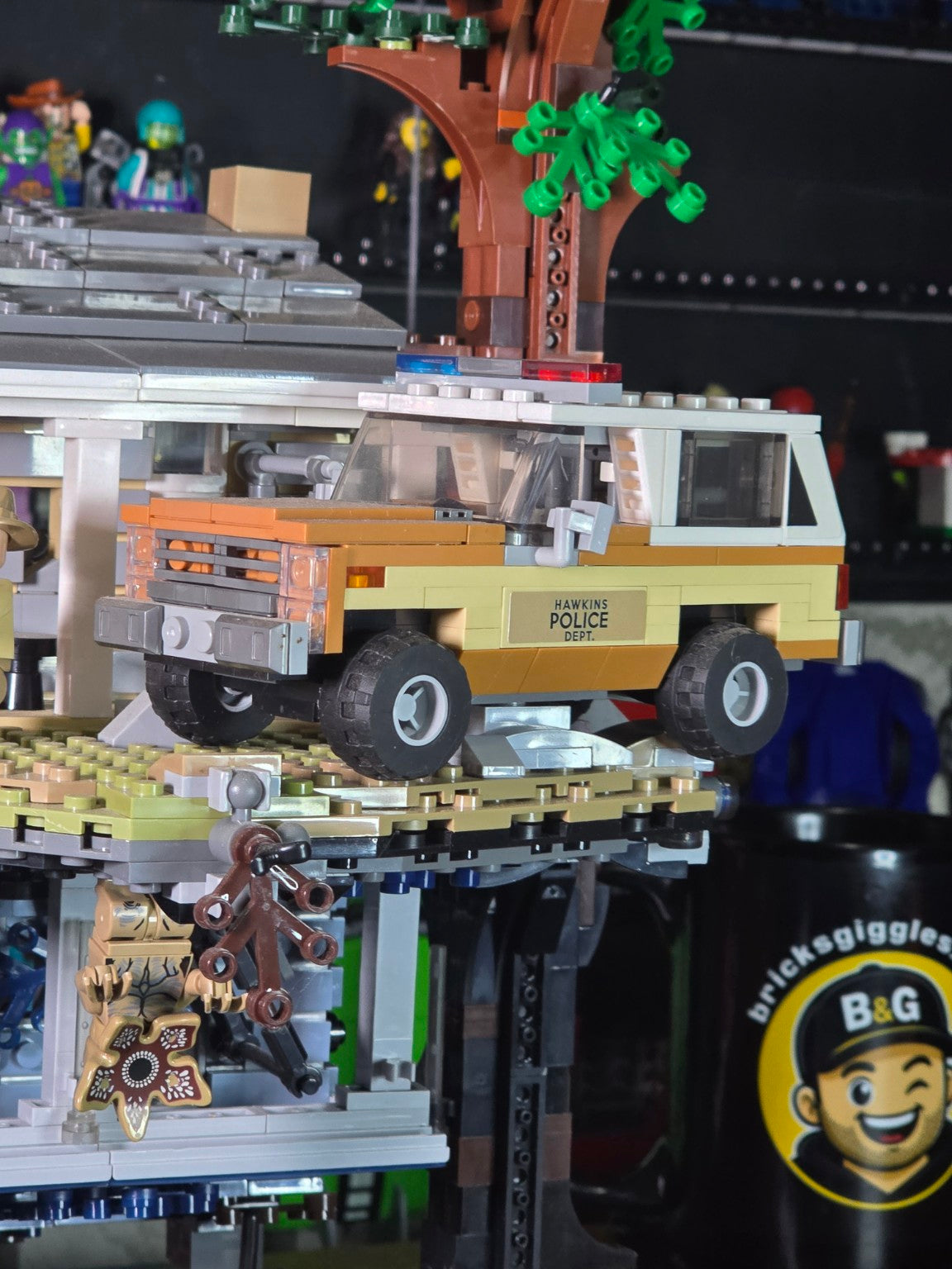Close-up of the Hawkins Police vehicle attached to the Stranger Things Upside Down build